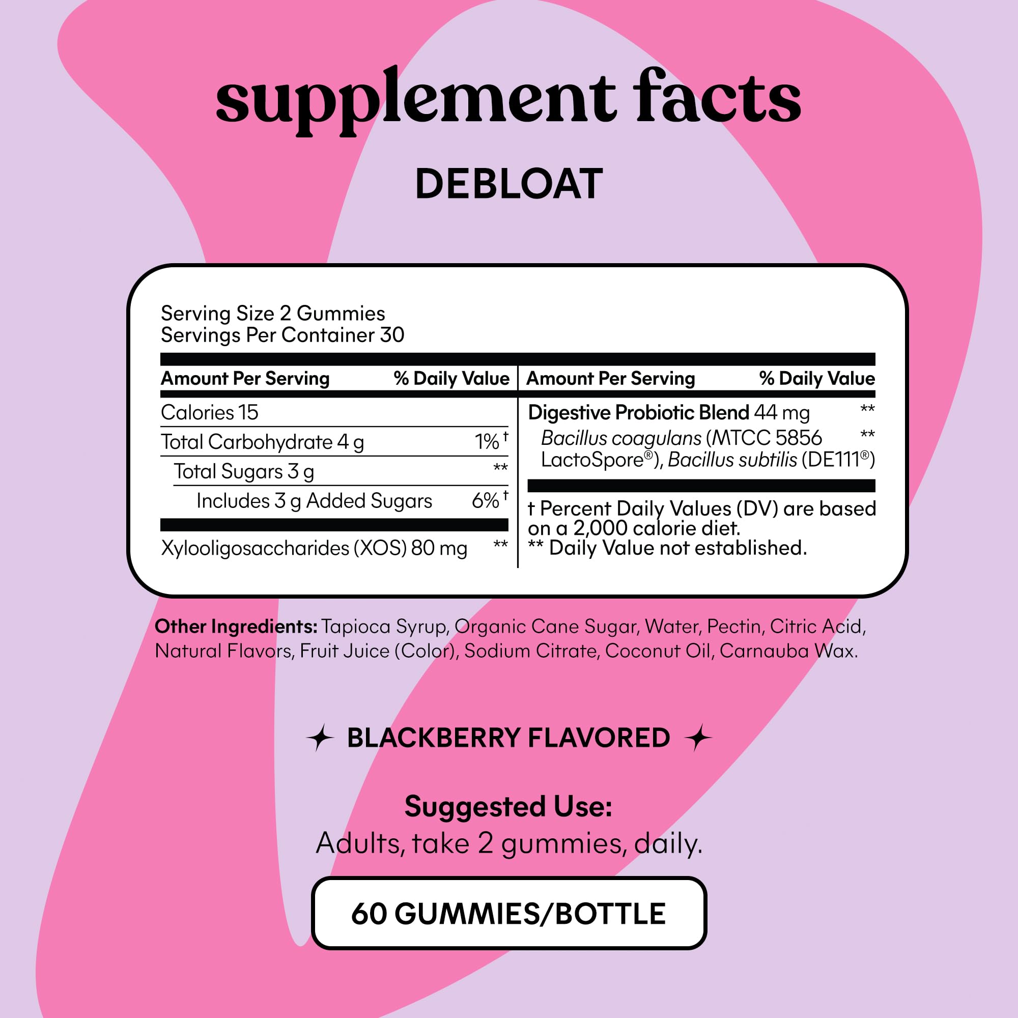Lemme Debloat - Digestive & Gut Health Gummies with 2 Clinically Studied Probiotics & Prebiotic, Vegetarian, Gluten Free, Non GMO, BlackBerry Flavor (60 Count)