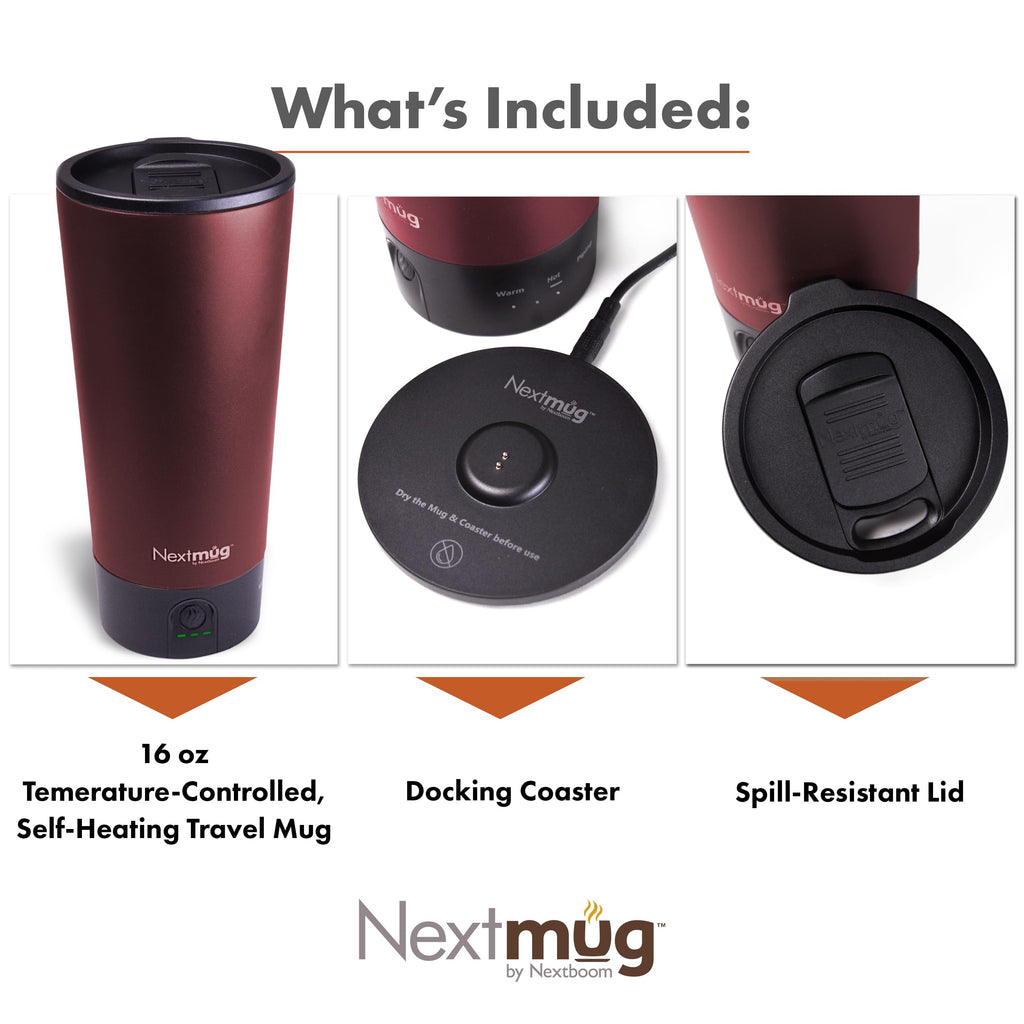 Nextmug Go - Temperature-Controlled, Self-Heating Travel Mug (Burgundy - 16 oz.)