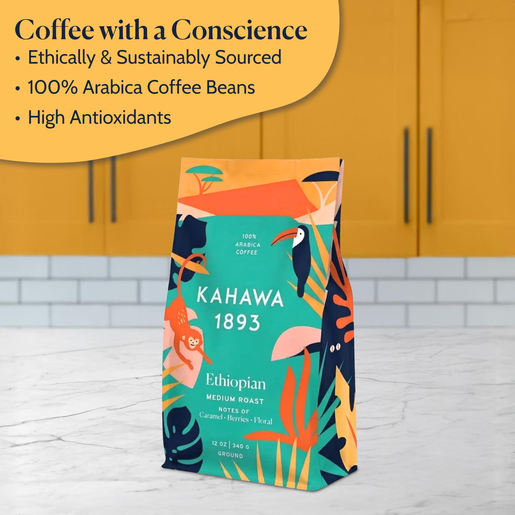 Kahawa 1893 Ground Coffee Medium Roast Ethiopian Blend 12 Oz - As Seen on Shark Tank, High Antioxidants, Naturally Sweet, Organically Grown, Ethically & Sustainably Sourced