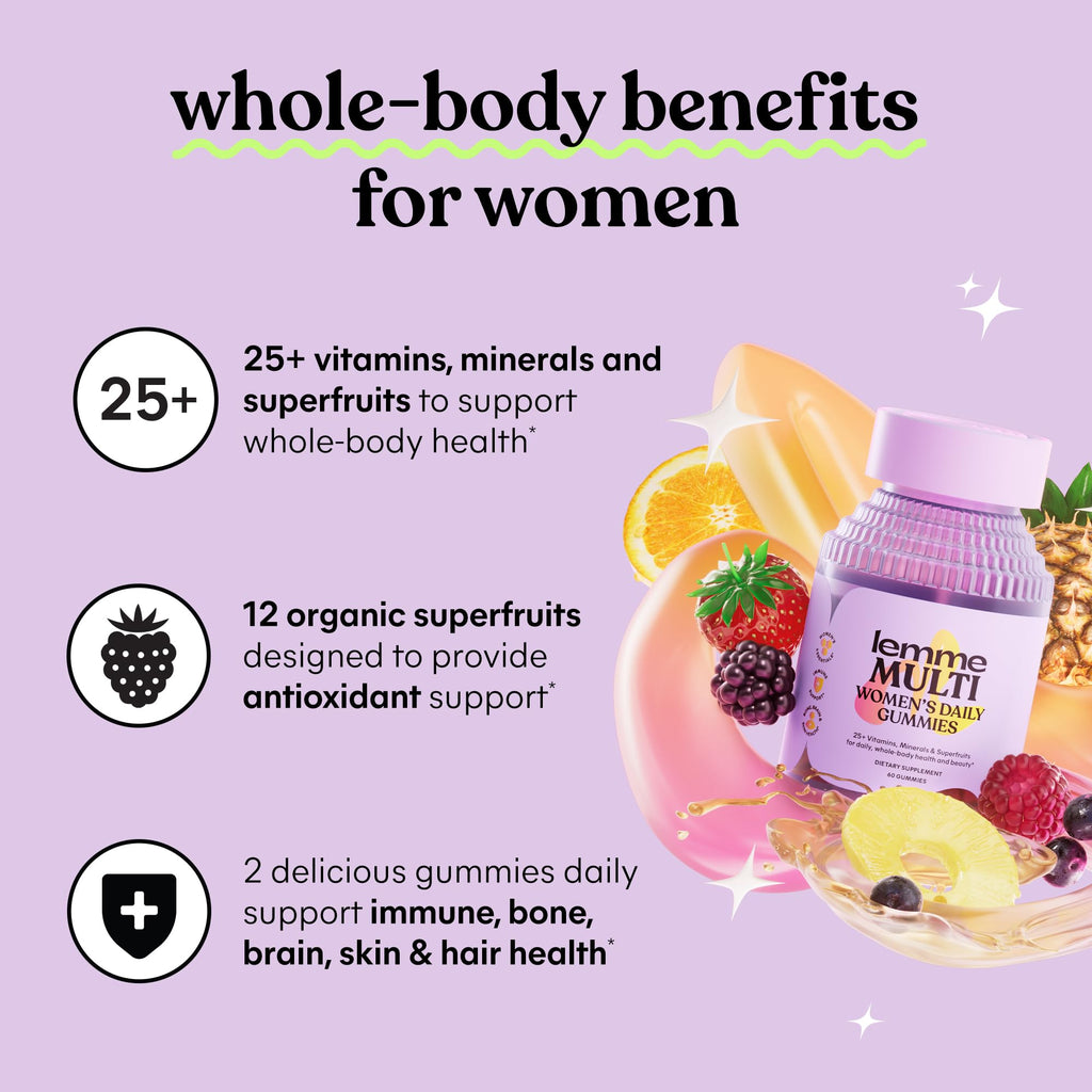 Lemme Women's Multivitamin Gummies, Daily Nutritional Support with Vitamins A, C, D, E, Biotin, Folic Acid, Zinc & Inositol, Bone, Brain, Skin & Immune Health, Raspberry Orange, 30-Day Supply