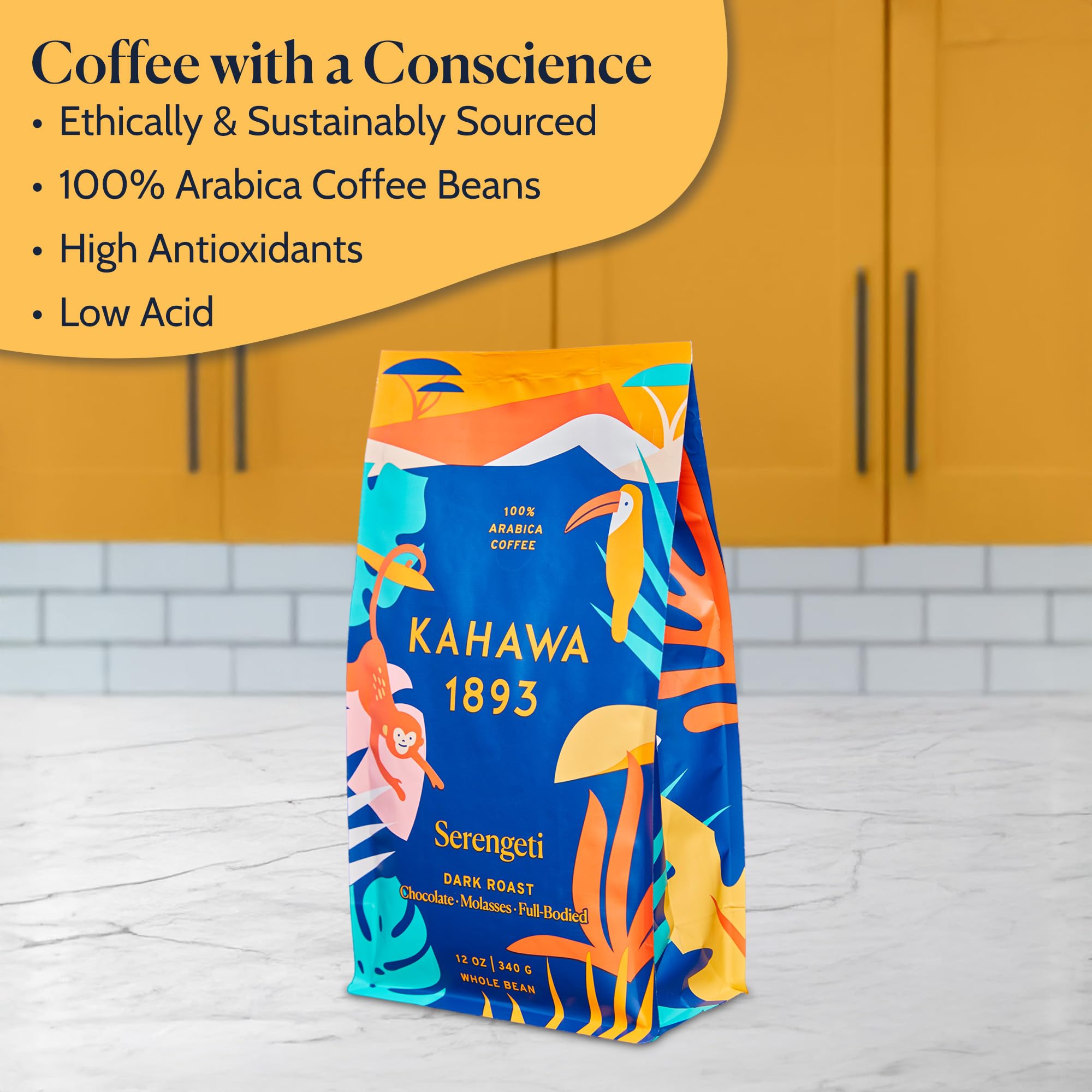 Kahawa 1893 Whole Bean Coffee Dark Roast Serengeti Blend 12 Oz - As Seen on Shark Tank, Low Acid, High Antioxidants, Naturally Sweet, Organically Grown, Ethically & Sustainably Sourced