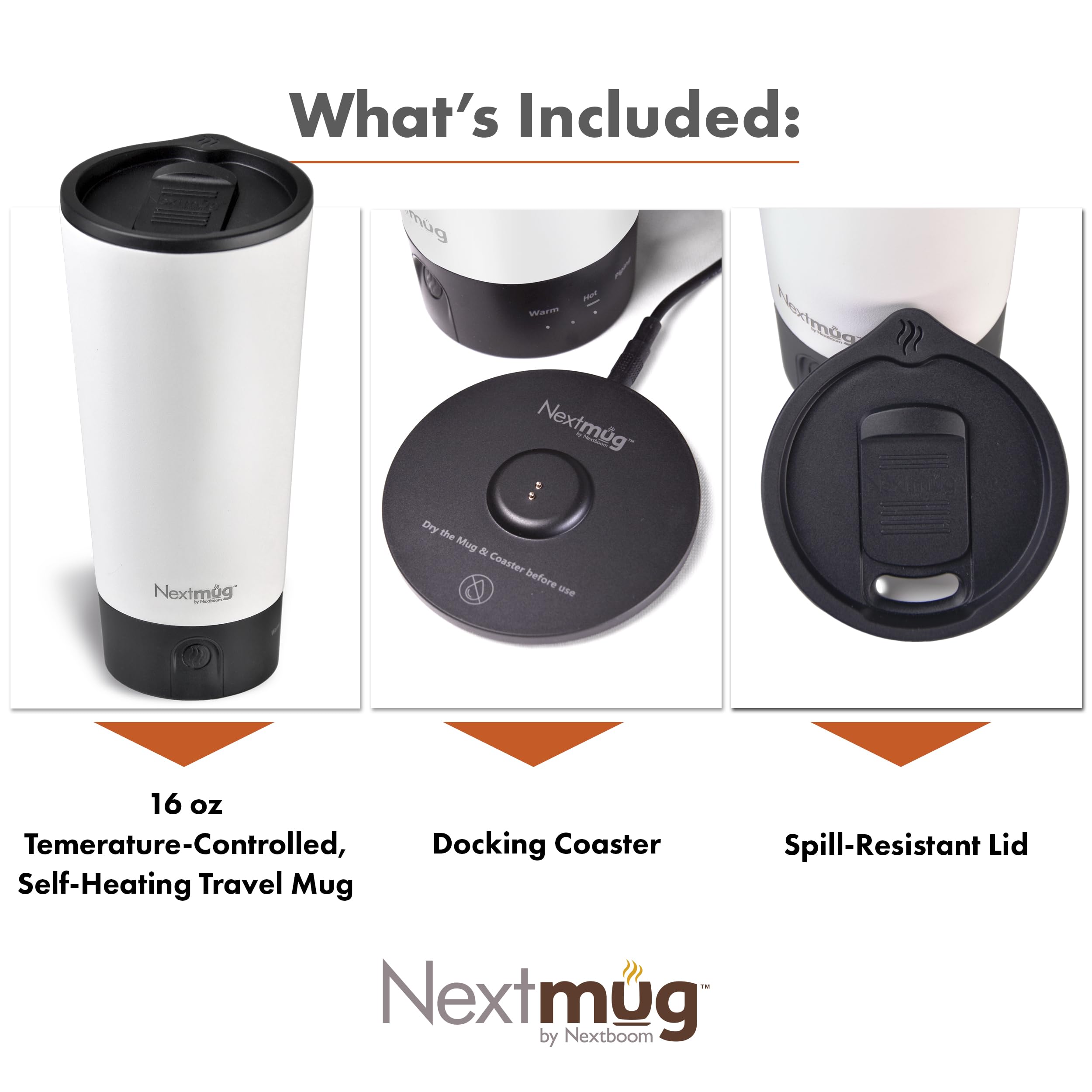 Nextmug Go - Temperature-Controlled, Self-Heating Travel Mug (White - 16 oz.)
