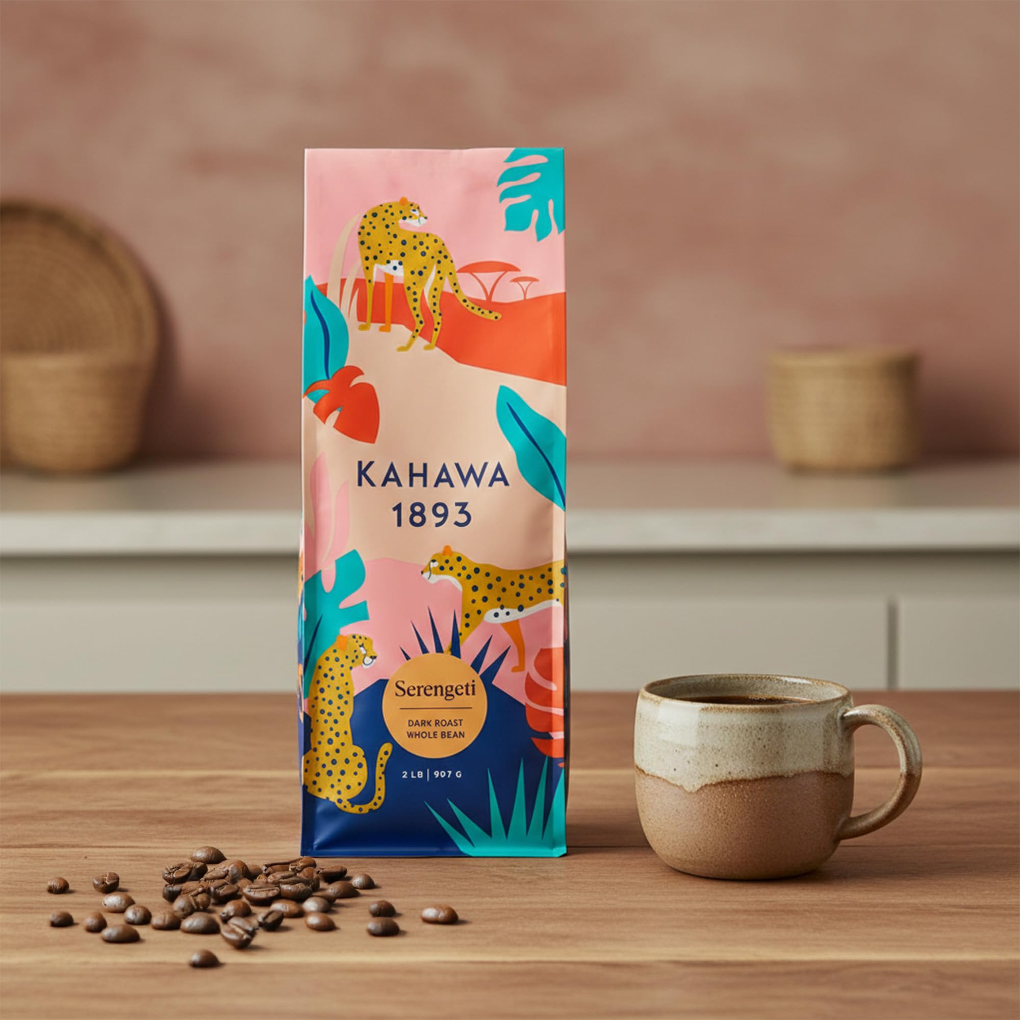 Kahawa 1893 Whole Bean Coffee Dark Roast Serengeti Blend 2 LB - As Seen on Shark Tank, Low Acid, High Antioxidants, Naturally Sweet, Organically Grown, Ethically & Sustainably Sourced