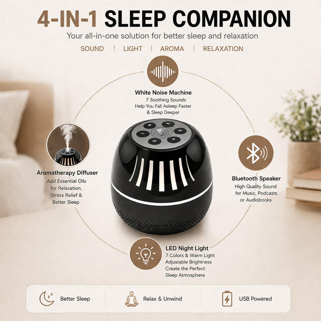 Portable Bluetooth Speaker with White Noise Machine, LED Color Lights, Aromatherapy Diffuser, Sleep Sound Machine for Sleep, Yoga, Home, Office & Bedroom, Gift for Women, Men, Kids & Friends