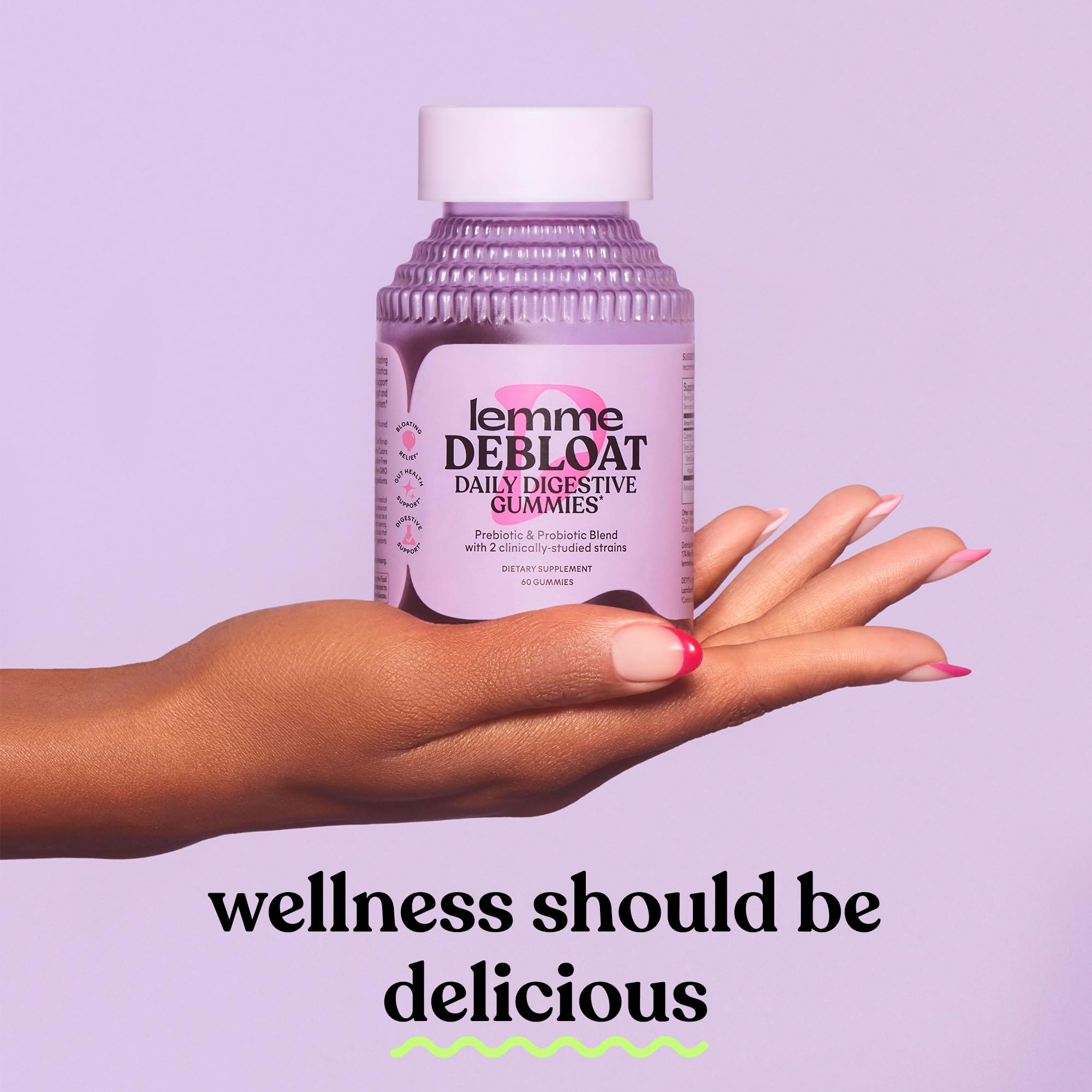 Lemme Debloat - Digestive & Gut Health Gummies with 2 Clinically Studied Probiotics & Prebiotic, Vegetarian, Gluten Free, Non GMO, BlackBerry Flavor (60 Count)