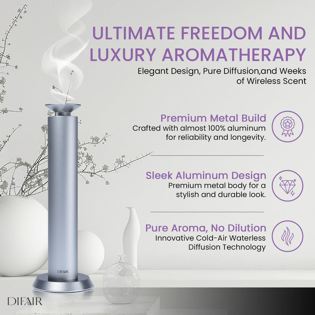 Difair Diffuser Oil Machine, Rechargable Electric Diffuser, Aluminum Aromatherapy Diffusers for Home, Office, Spa, Cold Air Scent Diffuser, Hotel Collection Diffuser Design