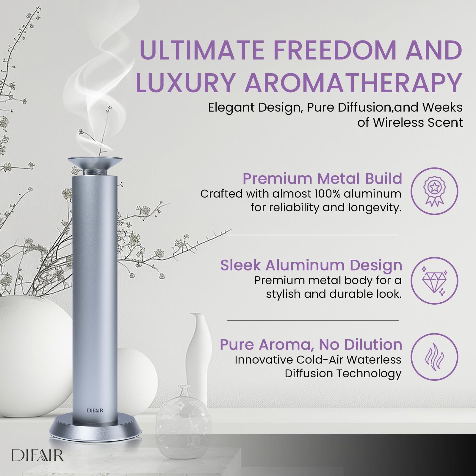 Difair Diffuser Oil Machine, Rechargable Electric Diffuser, Aluminum Aromatherapy Diffusers for Home, Office, Spa, Cold Air Scent Diffuser, Hotel Collection Diffuser Design