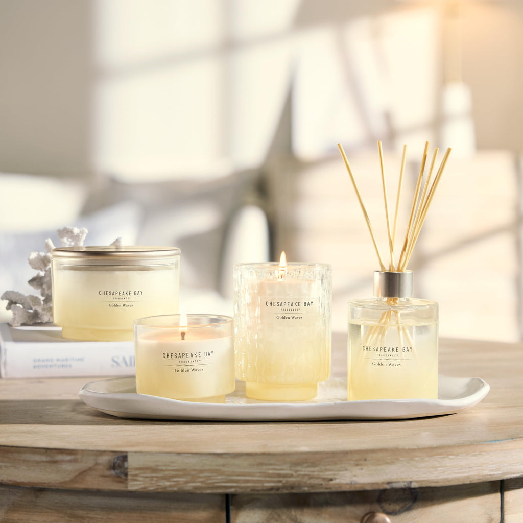 Chesapeake Bay, 11oz Golden Waves Scented Candle, Mood Evoking Fragrance, Textured Sea Glass-Inspired Jar, Premium Soy Blend Wax with Essential Oils, Coastal Fragrance for Home Décor or Gifting