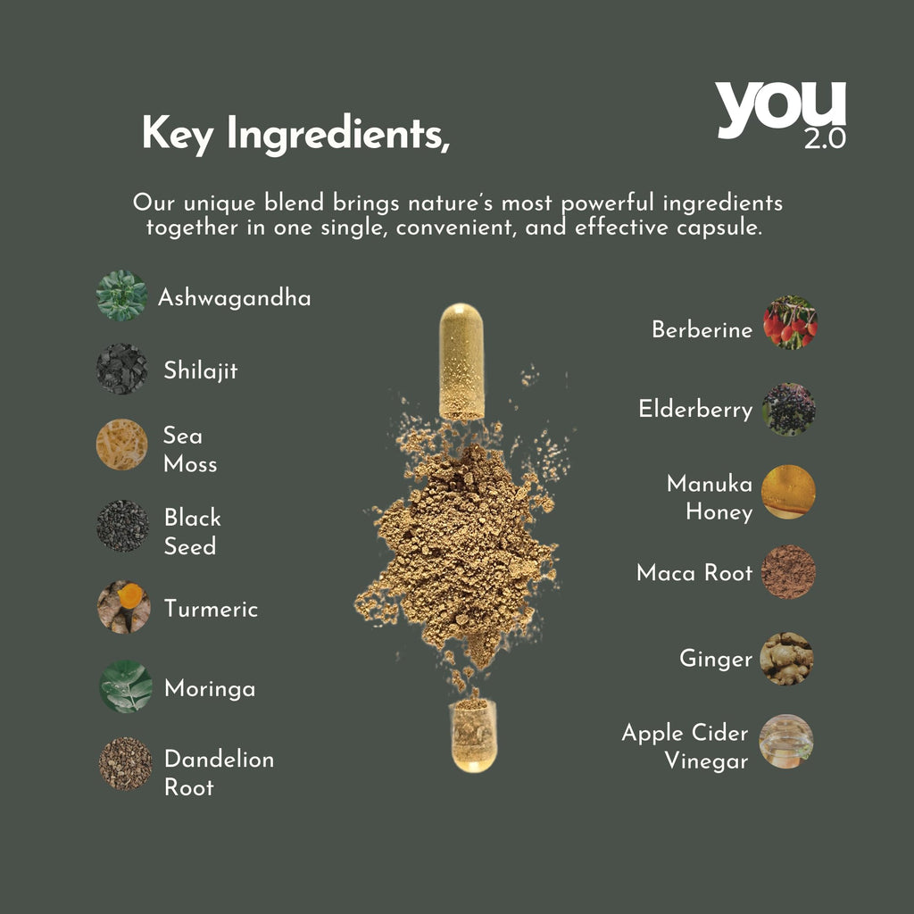 YOU 2.0 Powerhouse Superfood with Seamoss, Shilajit, Ashwagandha, Berberine, Maca, Black Seed Oil, Turmeric, Vitamin C, D, B12, K2 - Moringa, Apple Cider, Made in USA for Overall Health & Immunity