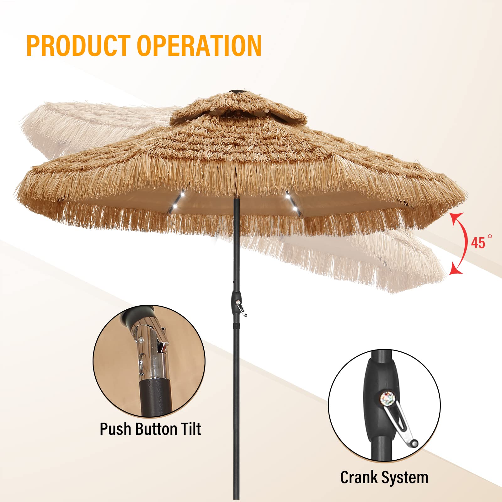 GDY 9 ft 2-Tier Solar Tiki Umbrella, 32 LED Ligths Hula Thatched Tiki Umbrellas, Straw Umbrella, Pool, Patio, Beach