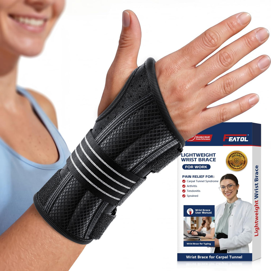 FEATOL Lightweight Carpal Tunnel Wrist Brace for Daily Work, 7 inches Comfortable & Adjustable Night Support for Women Men, Hand Brace With Splint Pain Relief for Tendonitis, Sprains, Arthritis, Right Hand, Medium