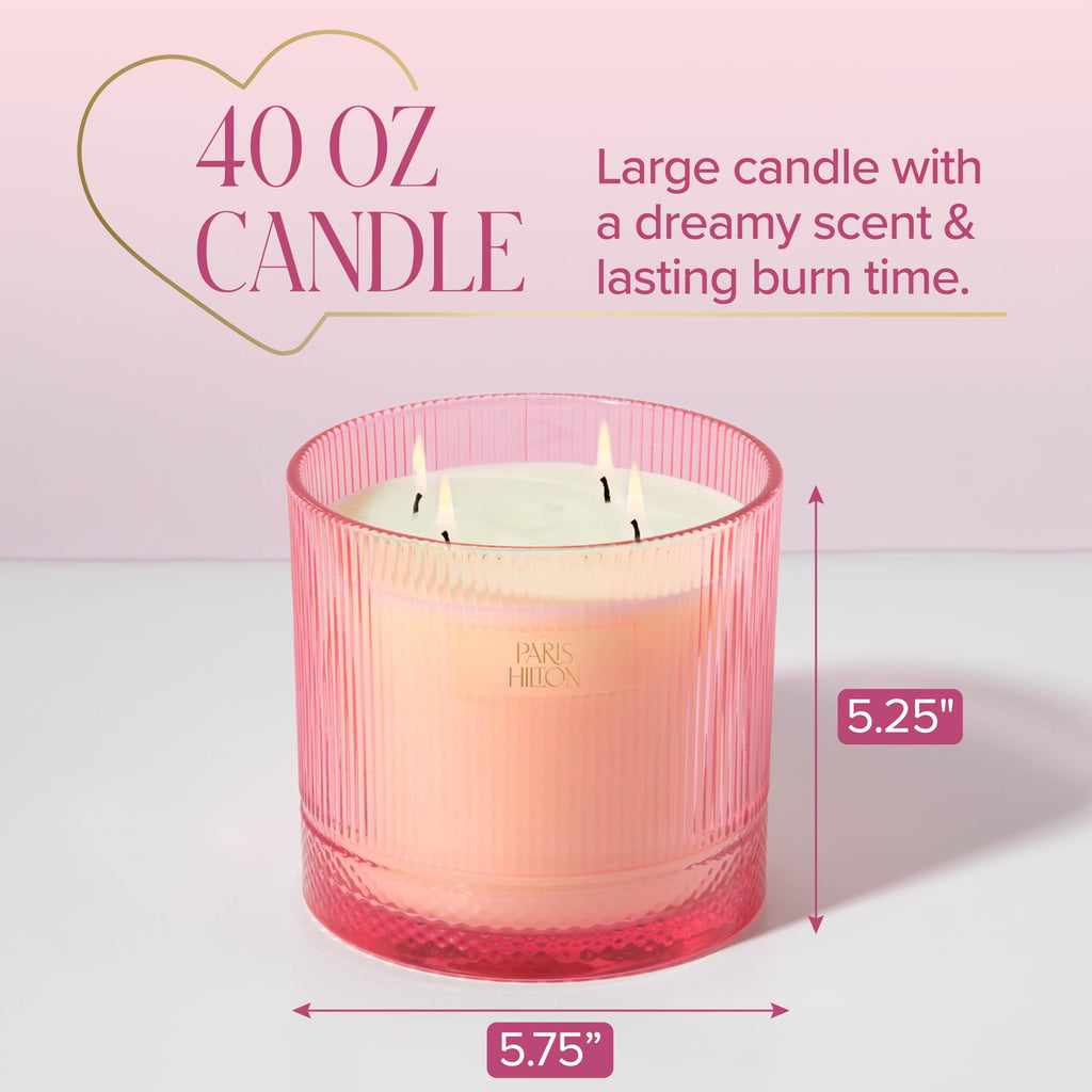 Paris Hilton Pink Spritz Scented Candle, Pink Ribbed Glass Vessel with Faceted Diamond Detail, Premium Plant Wax Blend, 4-Wicks, 40-Ounce