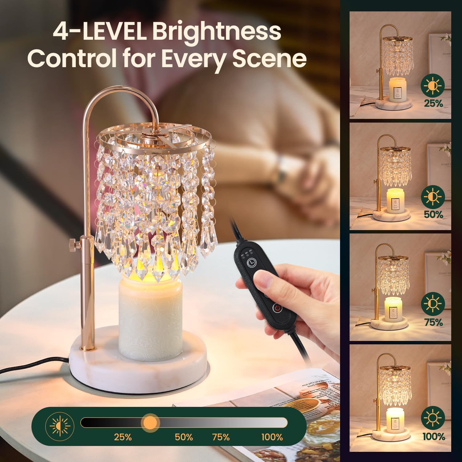 Candle Warmer Lamp with Timer Dimmer，2H/4H/8H Timer , Lamp Candle Warmer with Marble Base for Adjustable Height, Crystal Wax Melt Warmer for Jar Candles, House Warming Decor Gifts Mothers Day Gifts