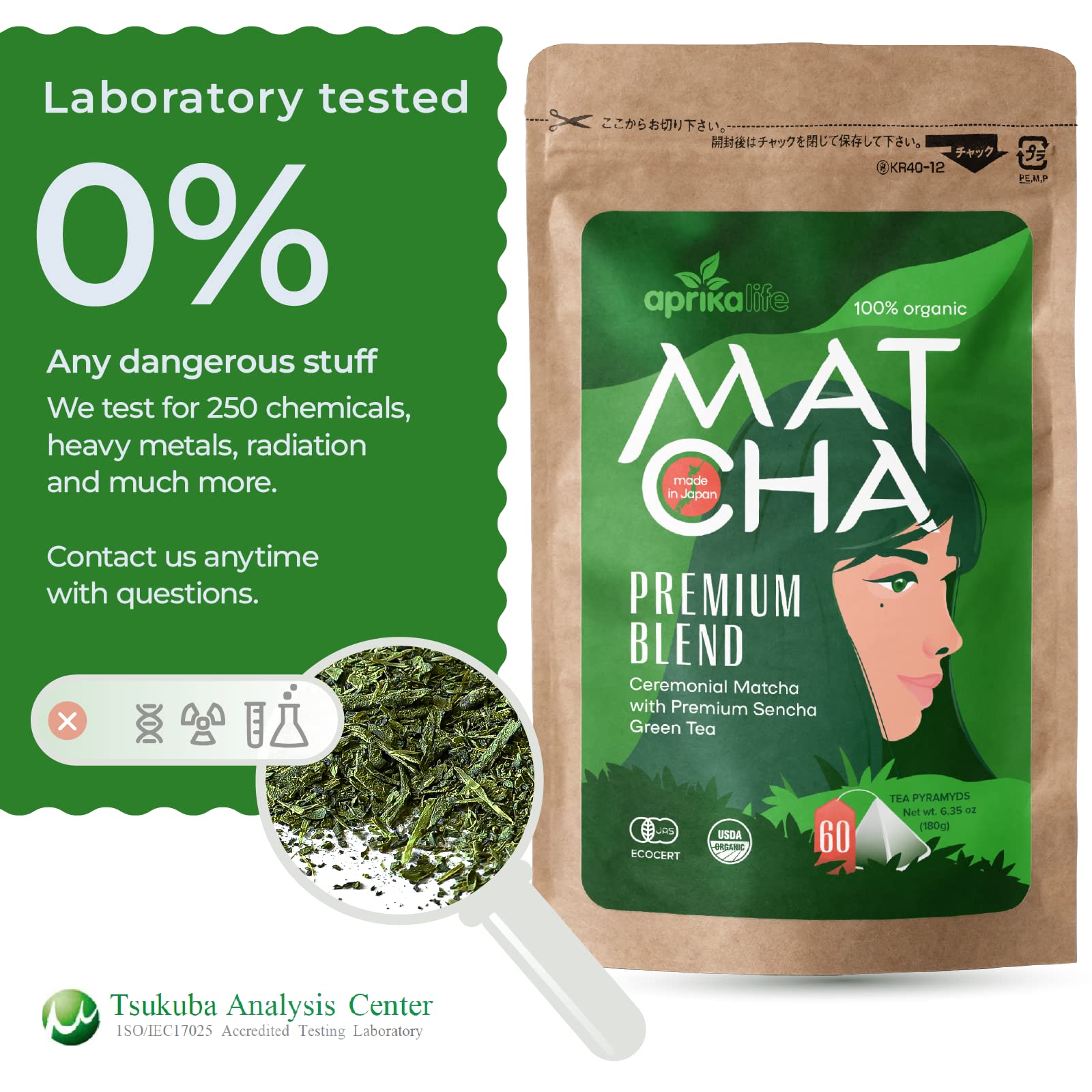 Organic Japanese Matcha Green Tea Bags - Ceremonial Grade Matcha Powder and 1st Harvest Spring Sencha Blend for Unforgettable Taste - 60 Tea Pyramids by Aprika Life