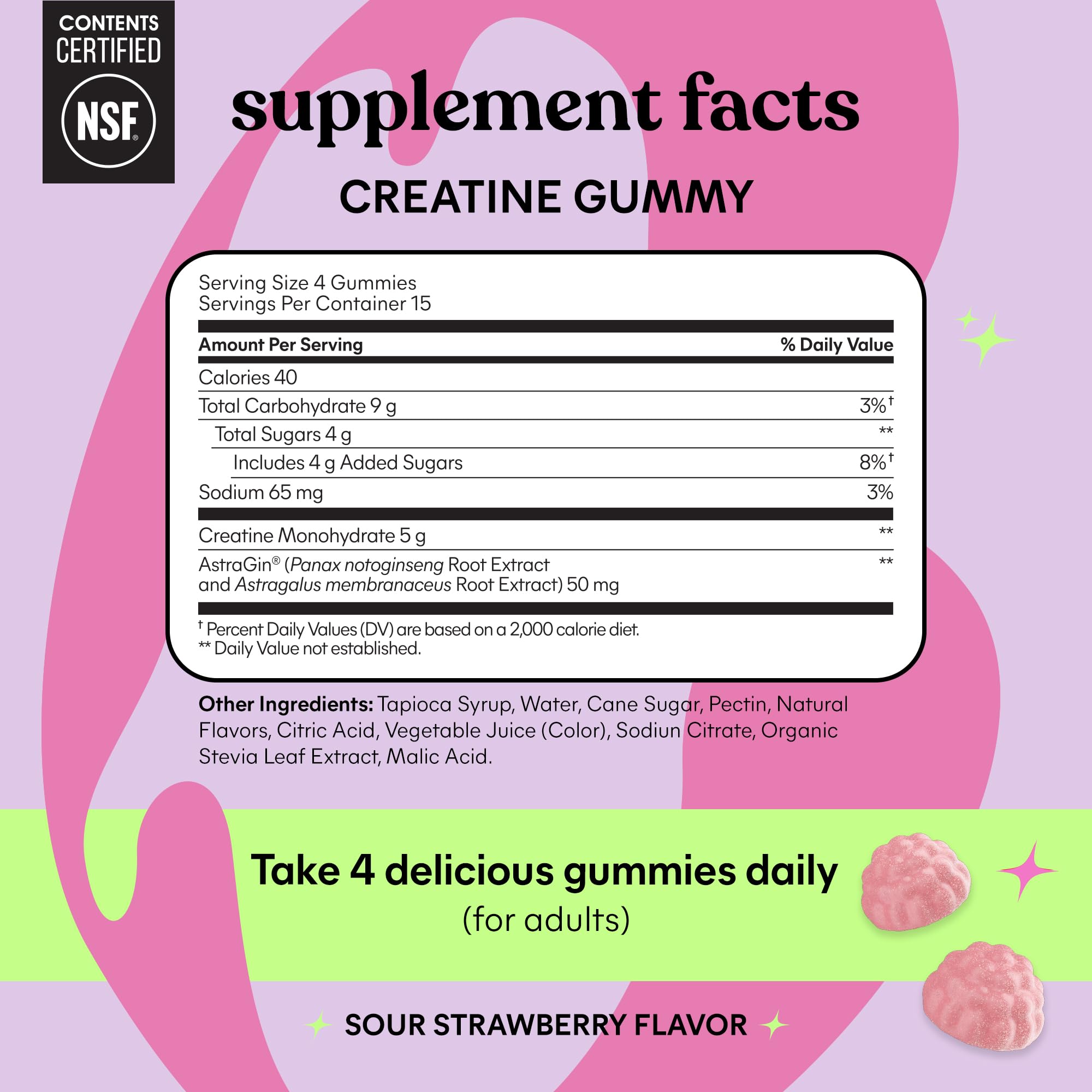 Lemme Creatine Monohydrate Gummies for Women and Men, 5g Dose to Support Lean Muscle, Strength, Recovery, Cognitive Health, w/Ginseng for Absorption, Sour Strawberry, NSF Certified, 60 Gummies
