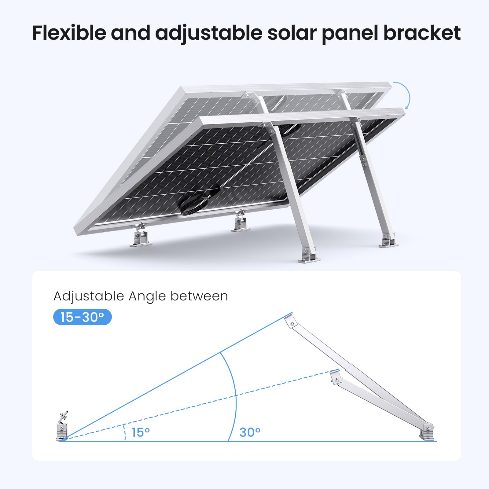 Callsun Adjustable Solar Panel Tilt Mount Brackets, Aluminum Alloy, 15°–30° Tilt, for 50–400W Solar Panels, Roof, RV, Boat, Flat Surface & Off-Grid Use (2 Sets)
