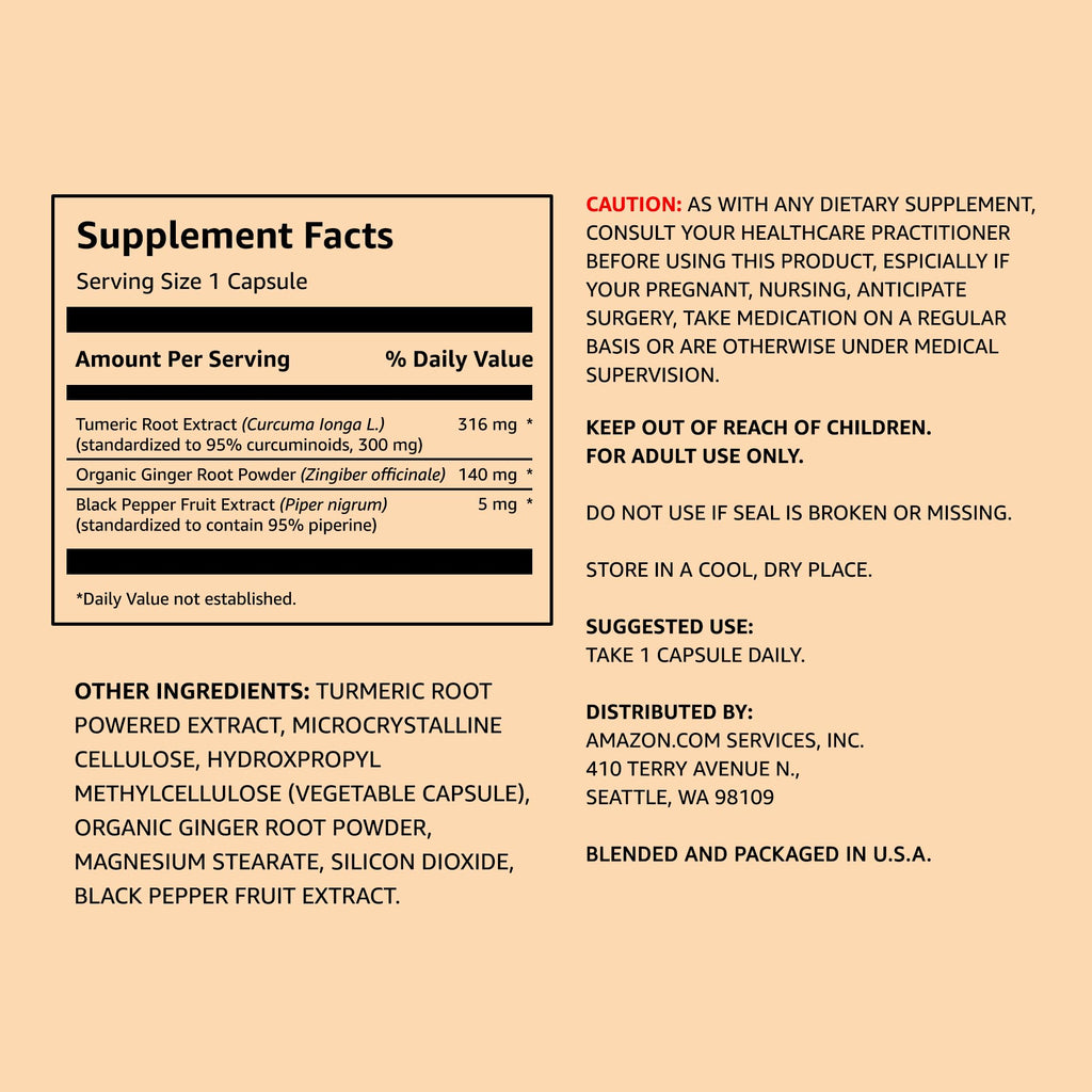 Amazon Elements Turmeric Complex, 316 mg Curcumin with Ginger and Black Pepper, Joint & Immune Support, 65 Capsules