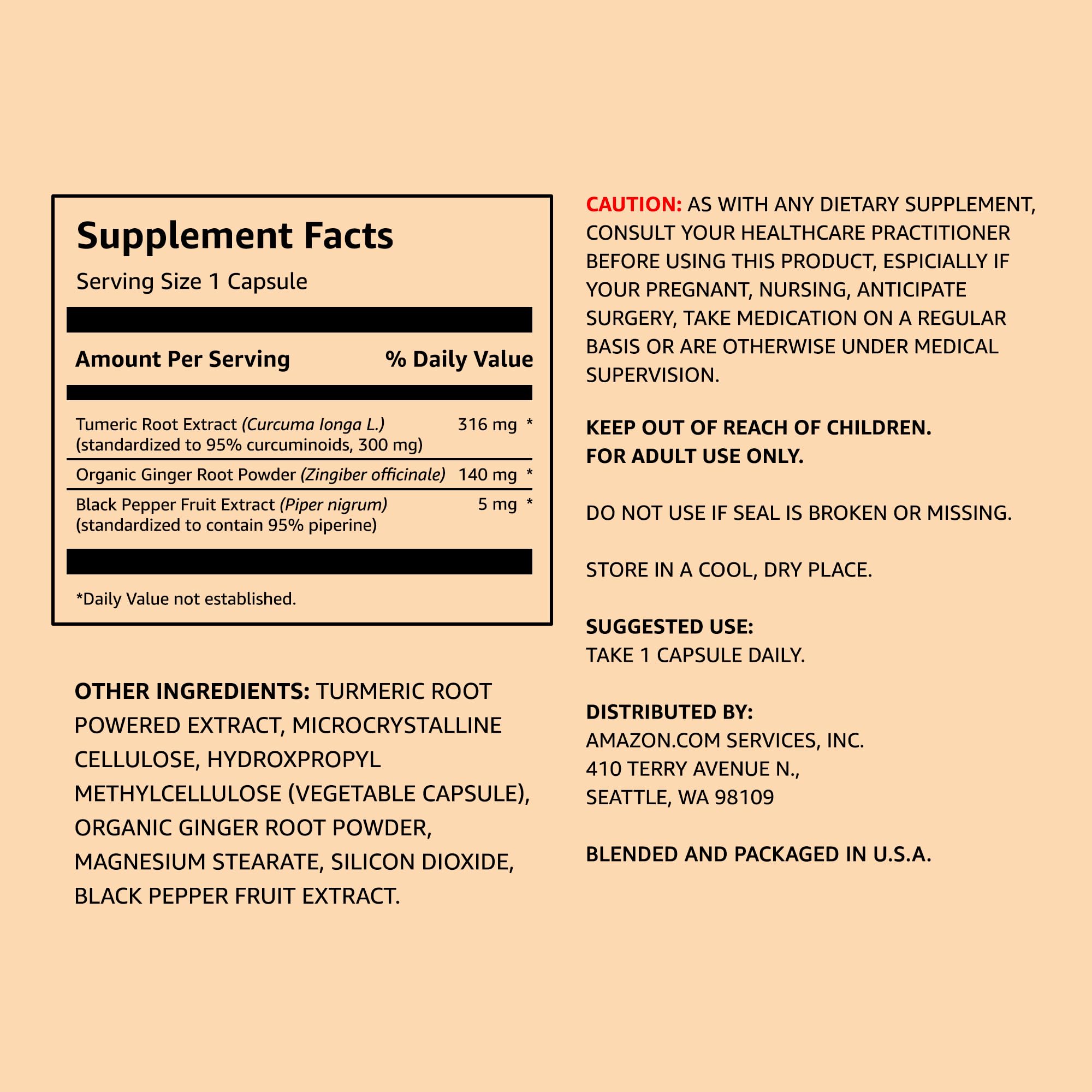 Amazon Elements Turmeric Complex, 316 mg Curcumin with Ginger and Black Pepper, Joint & Immune Support, 65 Capsules