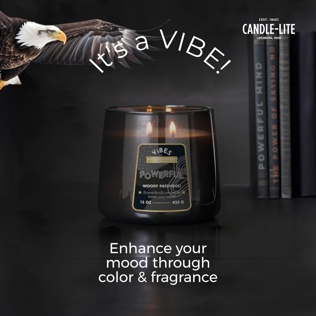 Candle-Lite Vibes Woody Patchouli Mood-Enhancing Scented Candles, 15 oz Jar, Aromatherapy, Proudly Poured in The USA, 2-Wick, 86 Hours Burn Time, Perfect Relaxation Gift