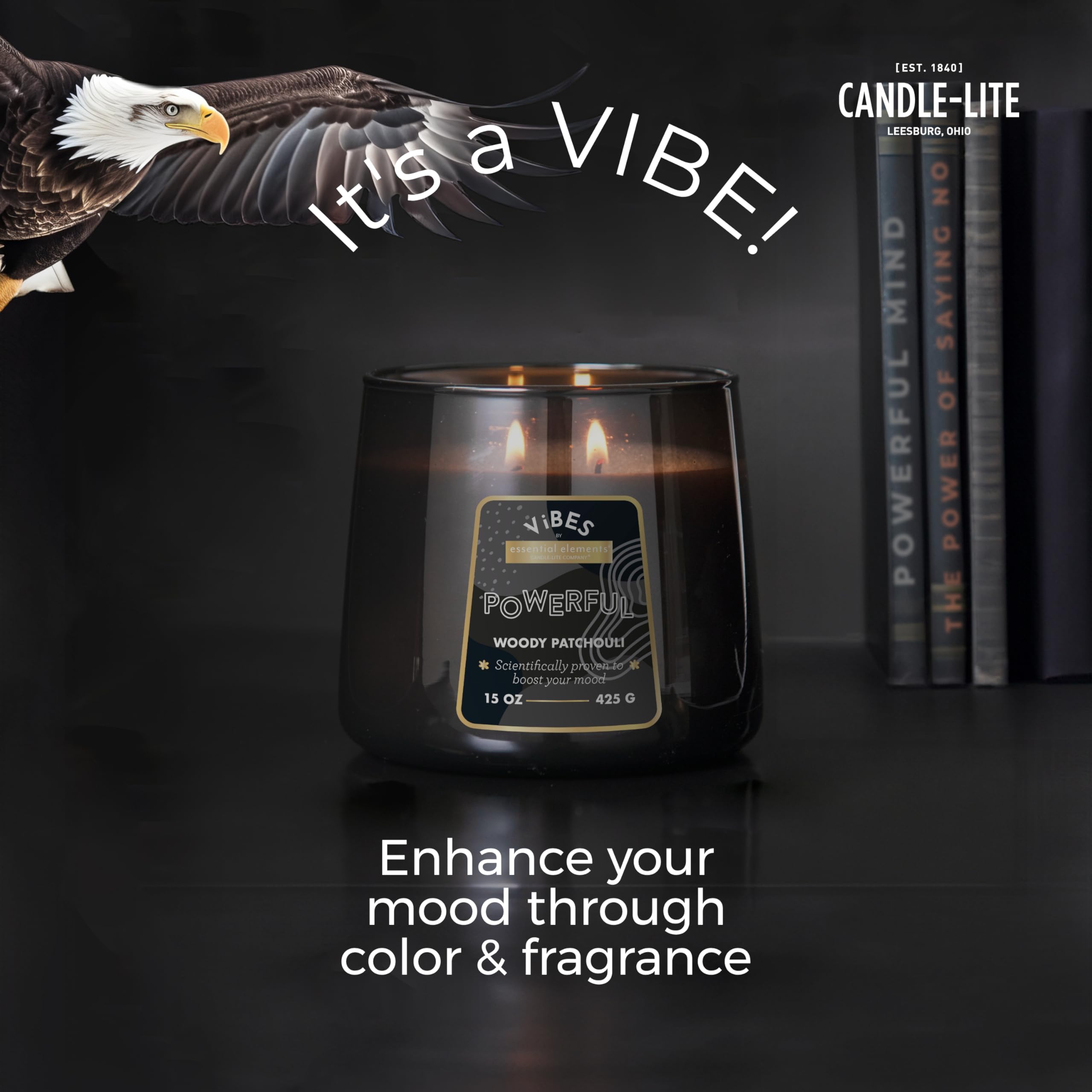 Candle-Lite Vibes Woody Patchouli Mood-Enhancing Scented Candles, 15 oz Jar, Aromatherapy, Proudly Poured in The USA, 2-Wick, 86 Hours Burn Time, Perfect Relaxation Gift