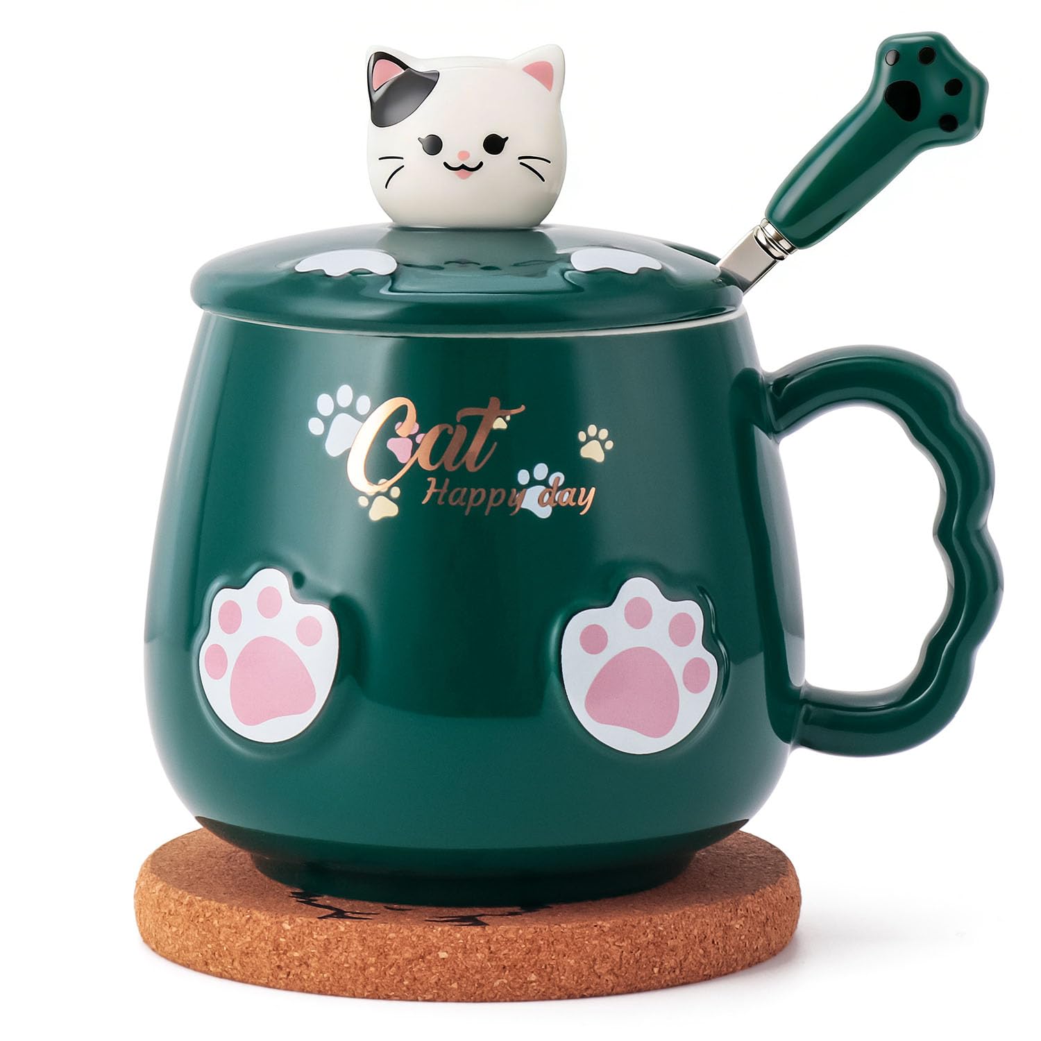 Bgbg Cat Mug Cute Ceramic Coffee Cup with Lovely Kitty Lid, Kawaii Claw Spoon, Anime Coaster, Novelty Things Birthday Christmas Mug Gift for Cat Lovers 400ML