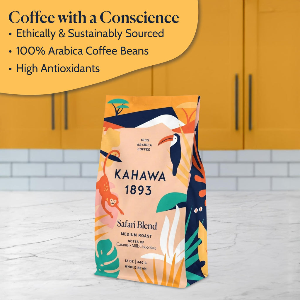 Kahawa 1893 Whole Bean Coffee Medium Roast Safari Blend 12 Oz - As Seen on Shark Tank, High Antioxidants, Naturally Sweet, Organically Grown, Ethically & Sustainably Sourced