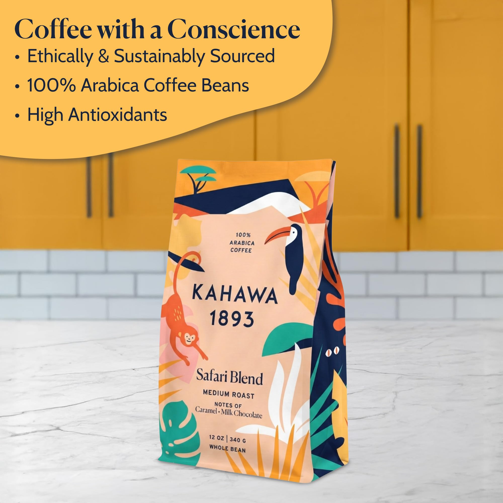 Kahawa 1893 Whole Bean Coffee Medium Roast Safari Blend 12 Oz - As Seen on Shark Tank, High Antioxidants, Naturally Sweet, Organically Grown, Ethically & Sustainably Sourced
