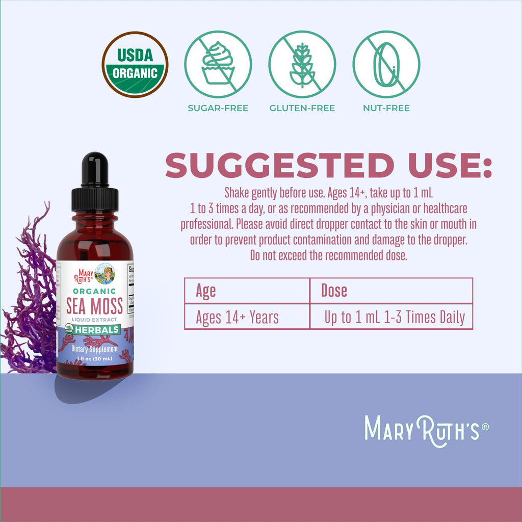 MARYRUTH'S Organic Irish Sea Moss Liquid Drops | Chondrus Crispus | Wild Harvested | Organic Irish Moss Formulated for Adults & Kids Ages 14+ | Unflavored | Sugar Free | Vegan | Non-GMO | 1 Fl Oz