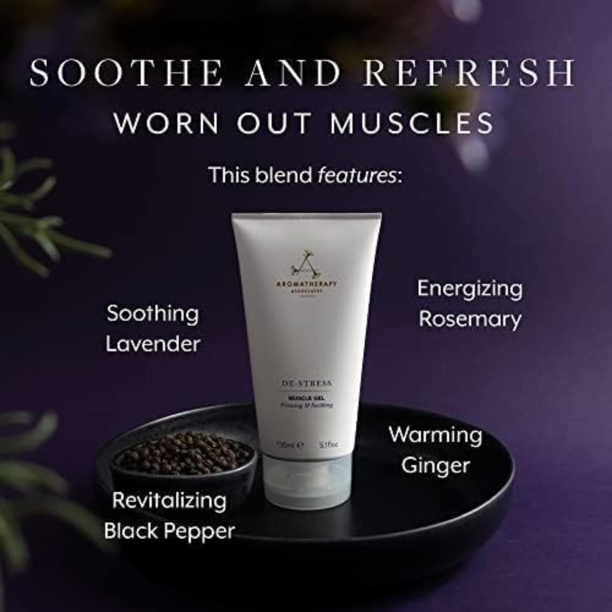 Aromatherapy Associates De-Stress Muscle Gel, Cooling & Warming Massage Gel with Ginger, Black Pepper & Rosemary Essential Oils for Daily Tension & Post-Activity Comfort, 5.07 oz