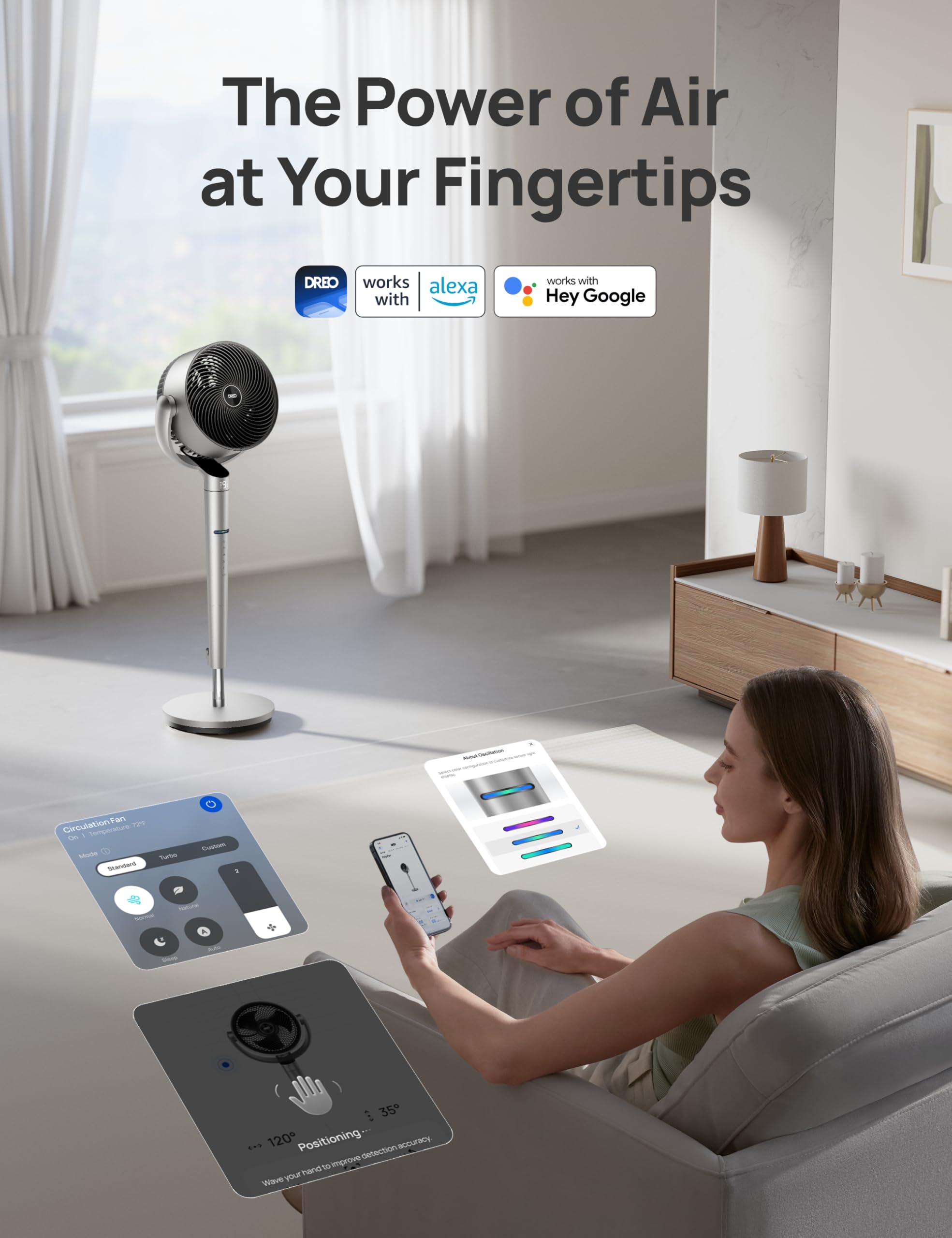 DREO Smart Fan for Bedroom, Position-based Oscillation, 150°+120° 3D Oscillating Fan, 110ft Pedestal Fans with Wi-Fi/Voice/Remote, Standing Fans Work with Alexa/Google, 9 Speeds, 6 Modes, 20dB, Silver