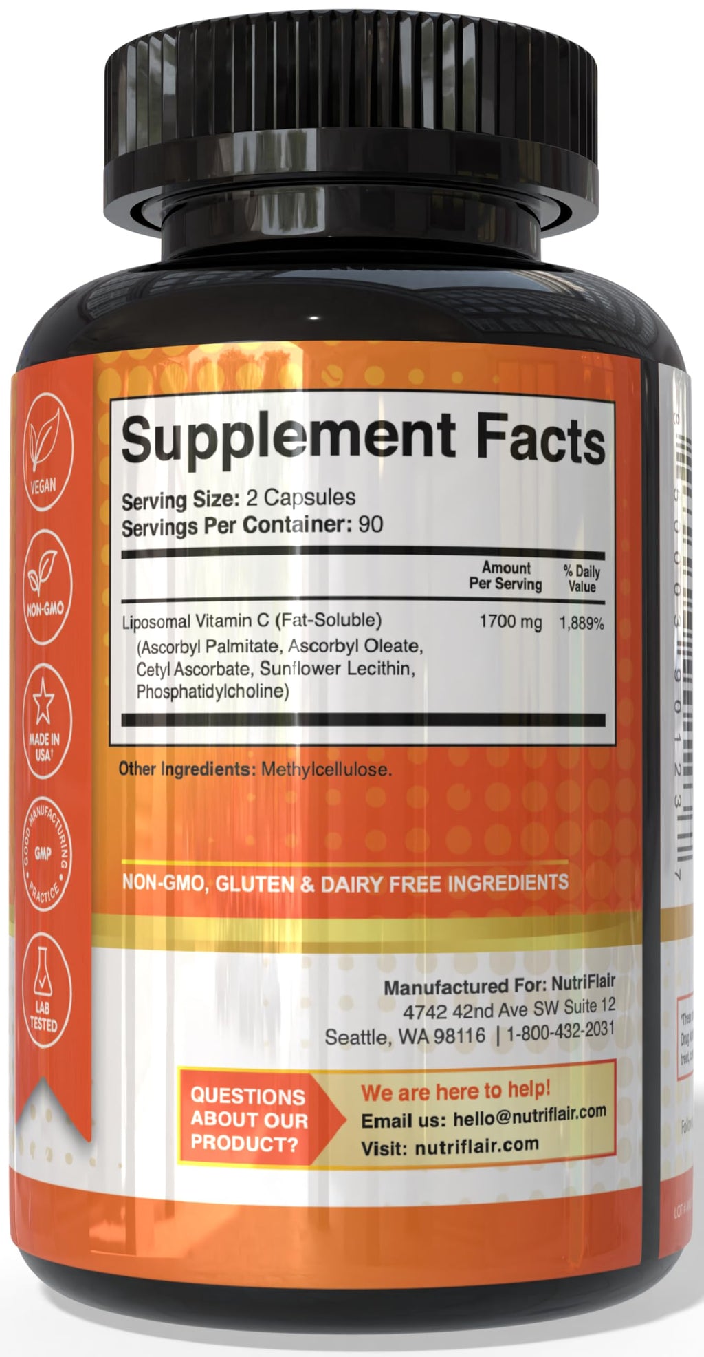 NutriFlair Liposomal Vitamin C 1700mg, 180 Capsules - High Absorption, Fat Soluble VIT C, Higher Bioavailability Immune System Support & Collagen Booster, Non-GMO, Vegan Pills