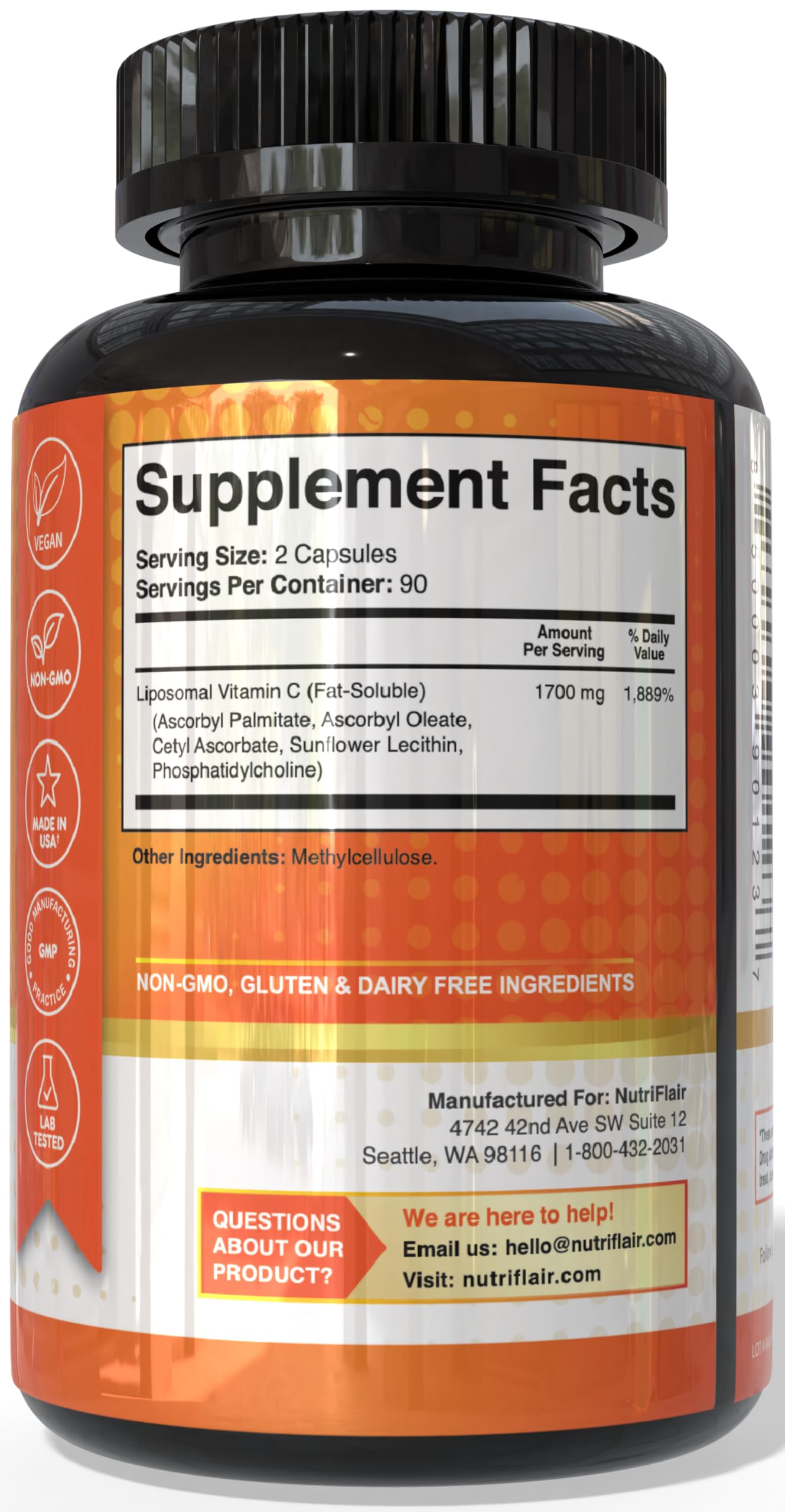 NutriFlair Liposomal Vitamin C 1700mg, 180 Capsules - High Absorption, Fat Soluble VIT C, Higher Bioavailability Immune System Support & Collagen Booster, Non-GMO, Vegan Pills