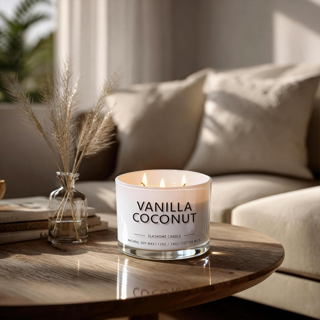 Vanilla Coconut Scented Candle, Luxury Large 3 Wick Soy Candle 12 Oz, 60+ Hour Long Lasting Clean Burn, Elegant Aromatherapy Home Decor, Valentine's Day & Housewarming & Birthday Gift for Men Women