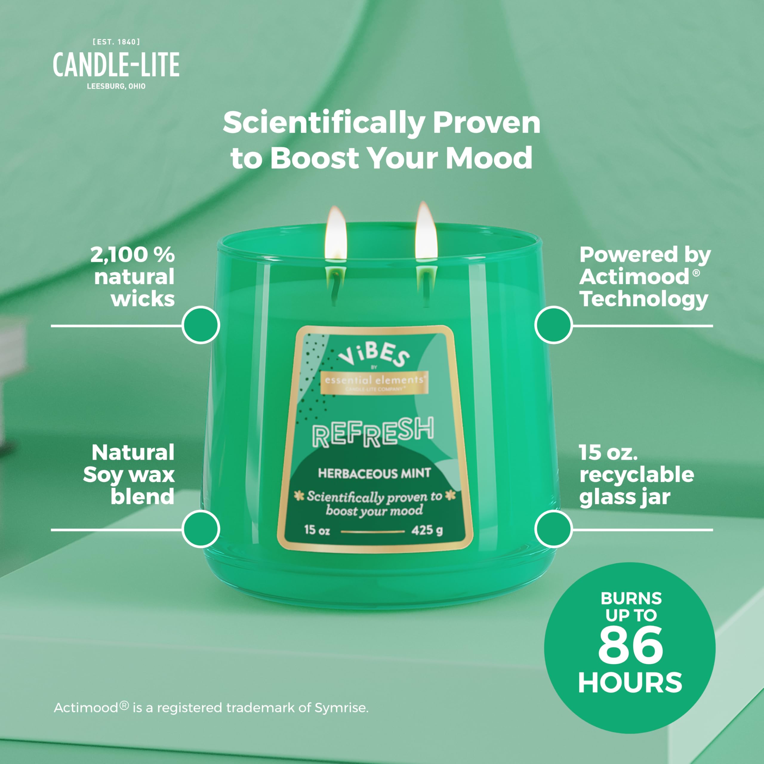 Candle-Lite Vibes Herbaceous Mint Mood-Enhancing Scented Candles, 15 oz Jar, Aromatherapy, Proudly Poured in The USA, 2-Wick, 86 Hours Burn Time, Perfect Relaxation Gift