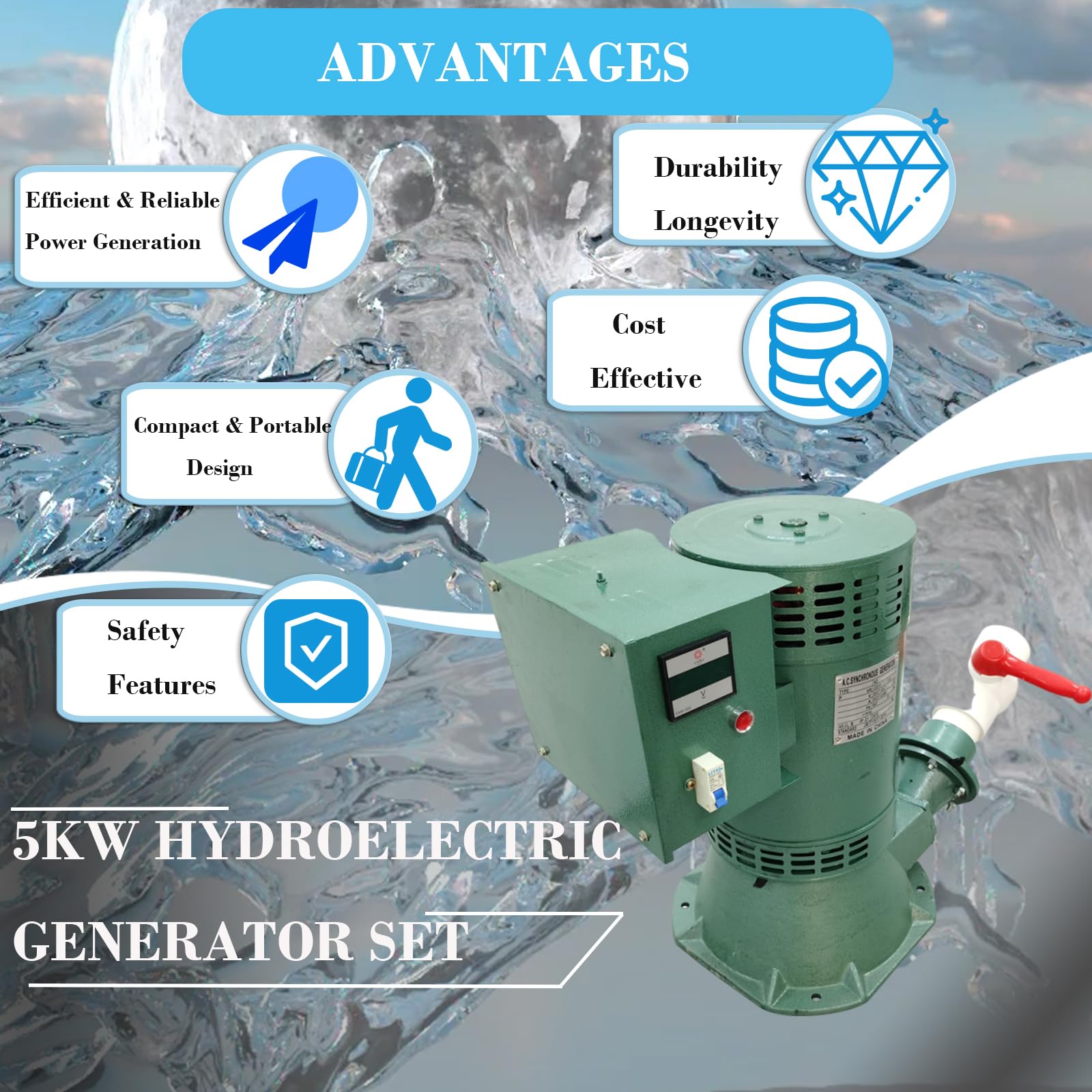 EQCOTWEA 5KW Hydroelectric Generator Set Water Power Generator Automatic Voltage Regulation & Leakage Protection ≥15m/49FT Off-Grid Power Generator Pelton Turbine for Home/Rural Use 220V/60HZ