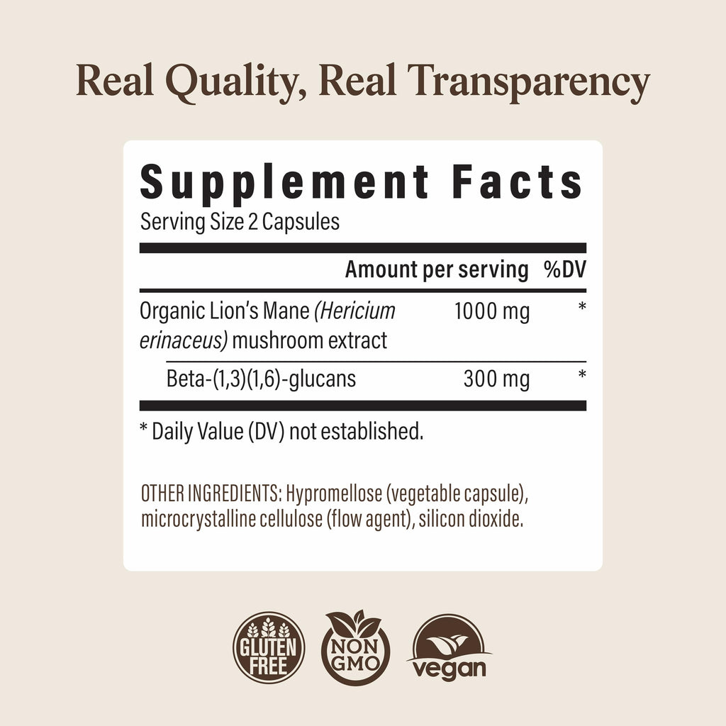Real Mushrooms Lions Mane Mushroom Cognition (120 Capsules) Lions Mane Mushroom Powder Extract Capsules | Brain Supplement, Brain Vitamins, Focus Supplement