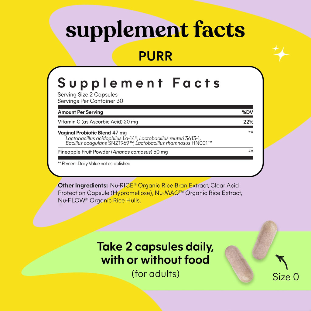 Lemme Purr Vaginal Probiotics for Women - Promotes pH Balance, Healthy Vaginal Odor & Urinary Tract Health w/Lactobacillus Blend, Clinically Tested Strains, Pineapple & Vitamin C - 60 Veggie Capsules