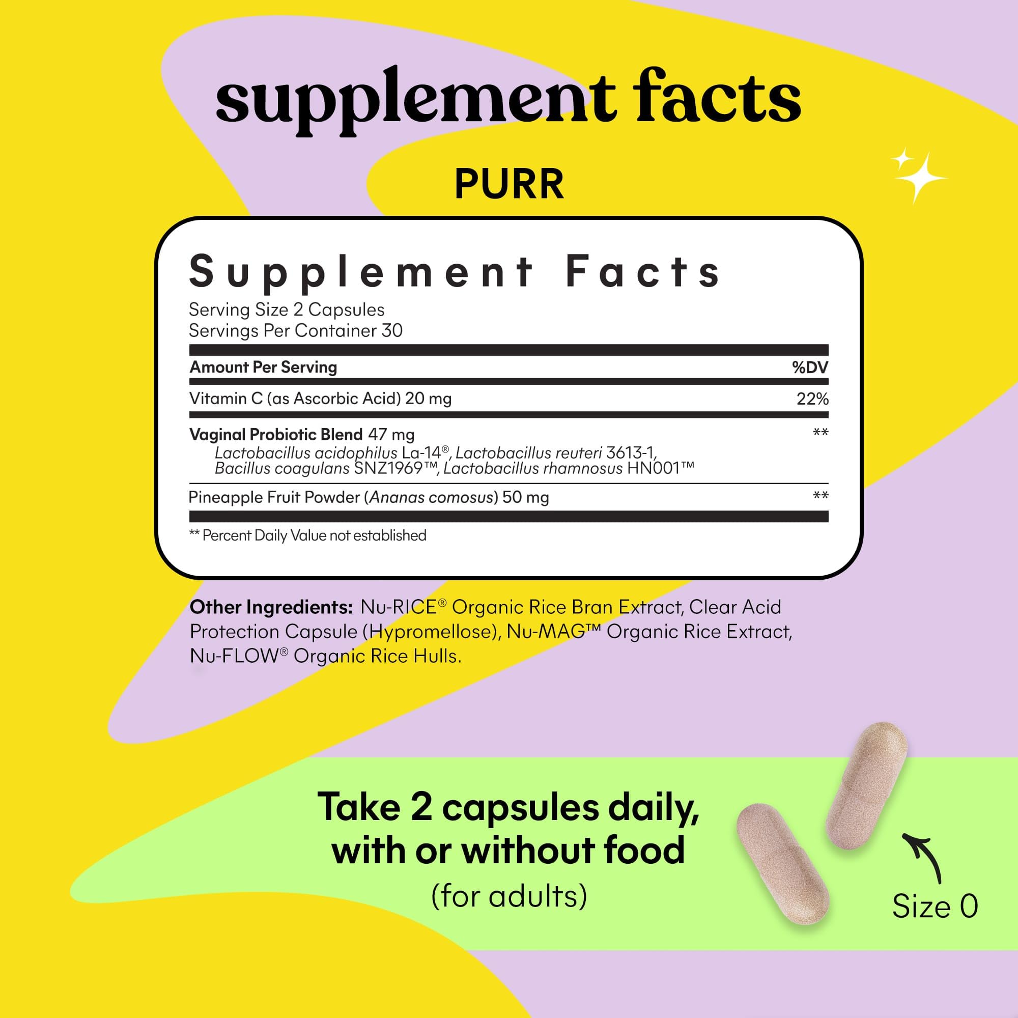 Lemme Purr Vaginal Probiotics for Women - Promotes pH Balance, Healthy Vaginal Odor & Urinary Tract Health w/Lactobacillus Blend, Clinically Tested Strains, Pineapple & Vitamin C - 60 Veggie Capsules