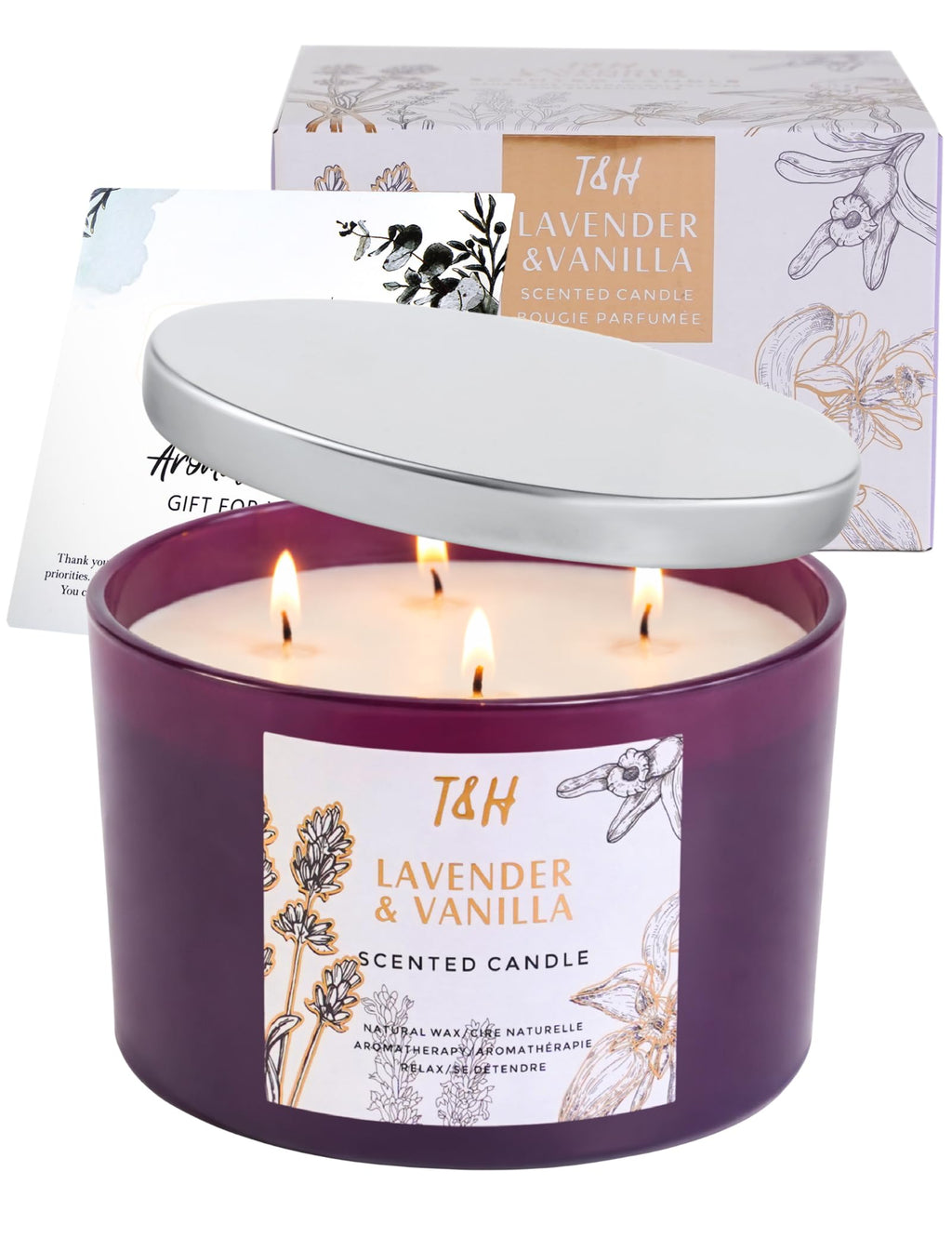 Lavender Vanilla Scented Candle | Large 4-Wick Soy Candle for Home 20 oz | Calming Aromatherapy Candle | Long Lasting Clean Burn | Relaxing Gift for Women & Men