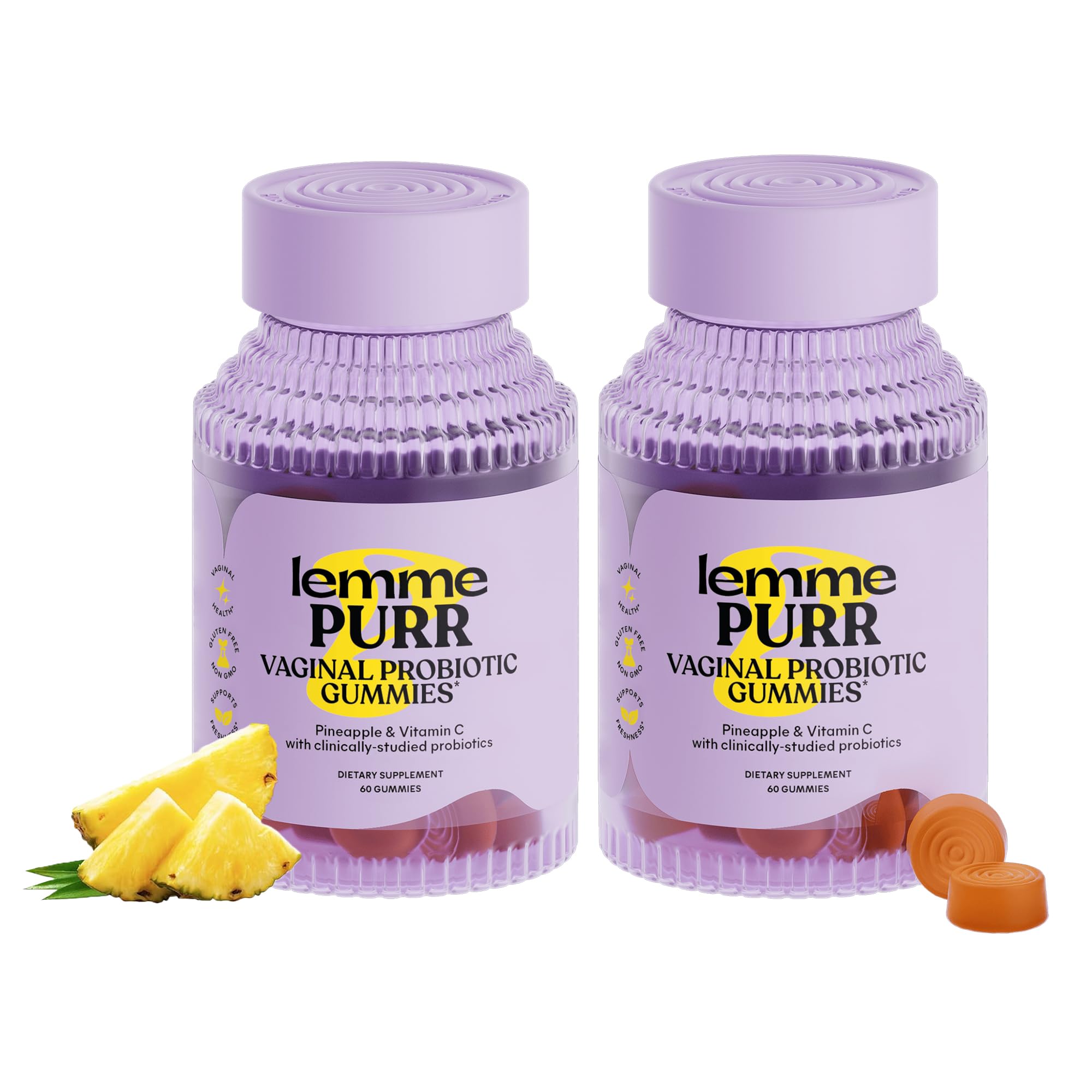 Lemme Purr Vaginal Probiotic Gummies for Women - Balanced pH, Healthy Odor, Yeast Balance & Flora Support + Vitamin C for Immune Health - Tasty Pineapple (60 Count) (Pack of 2)