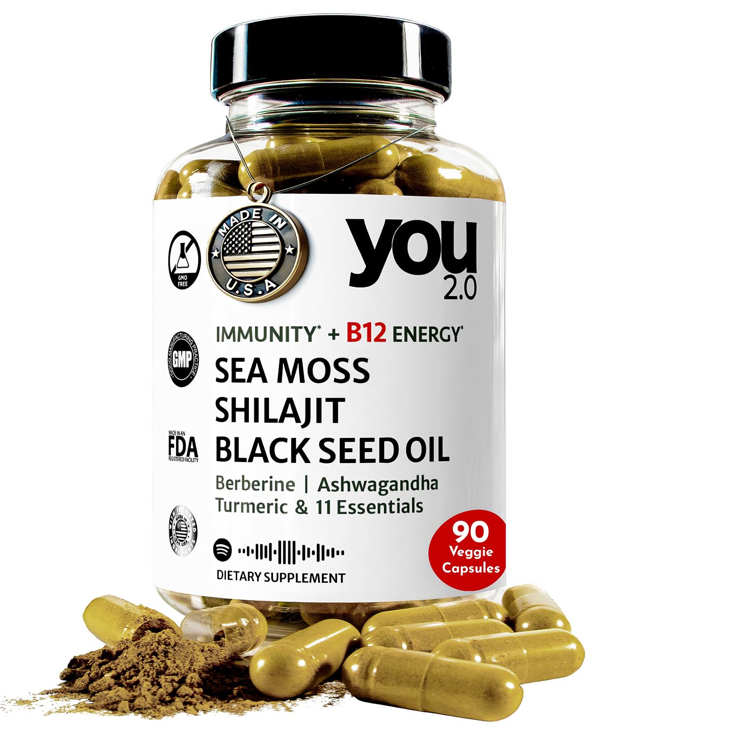 YOU 2.0 Powerhouse Superfood with Seamoss, Shilajit, Ashwagandha, Berberine, Maca, Black Seed Oil, Turmeric, Vitamin C, D, B12, K2 - Moringa, Apple Cider, Made in USA for Overall Health & Immunity