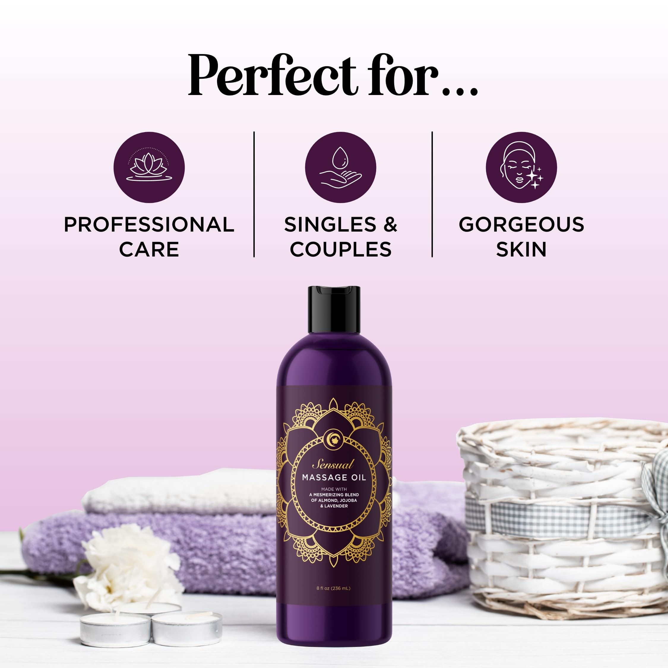 Aromatherapy Sensual Massage Oil for Couples - Relaxing Lavender Massaging Oil for Massage Therapy with Vitamin E Jojoba & Sweet Almond - Naturally Scented Vegan Non GMO & Gluten Free (8 Fl Oz)