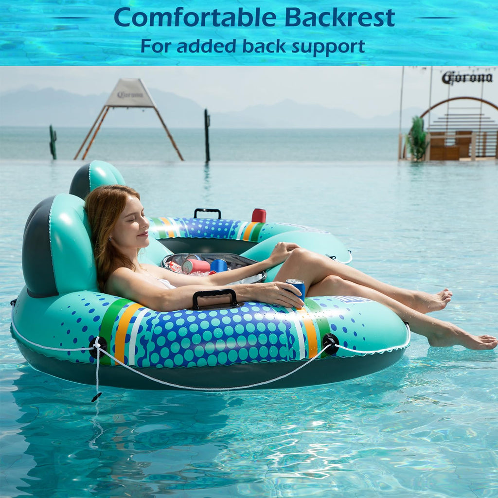 Jasonwell Heavy Duty 2 Person Inflatable River/Pool Tube Float with Removable Cooler, Tubes for Lake, Floating River Raft Lounge Floatie with 2 cup Holders For Adults, Cyan