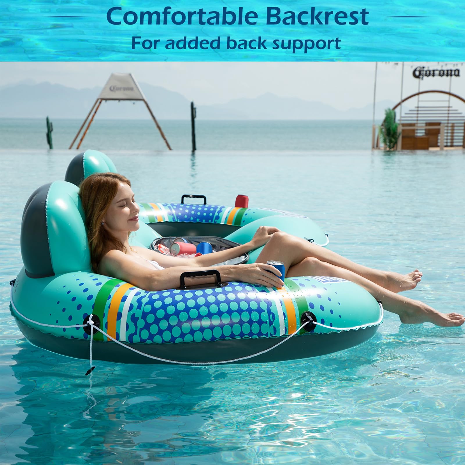 Jasonwell Heavy Duty 2 Person Inflatable River/Pool Tube Float with Removable Cooler, Tubes for Lake, Floating River Raft Lounge Floatie with 2 cup Holders For Adults, Cyan