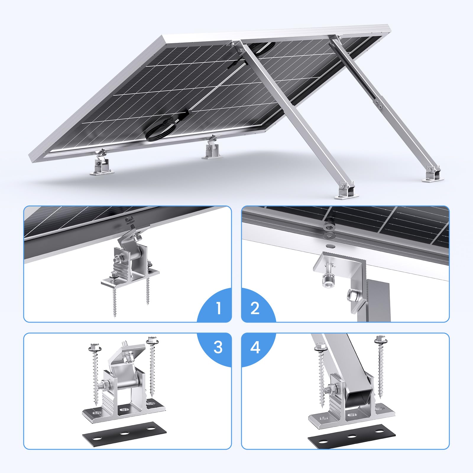 Callsun Adjustable Solar Panel Tilt Mount Brackets, Aluminum Alloy, 15°–30° Tilt, for 50–400W Solar Panels, Roof, RV, Boat, Flat Surface & Off-Grid Use (2 Sets)