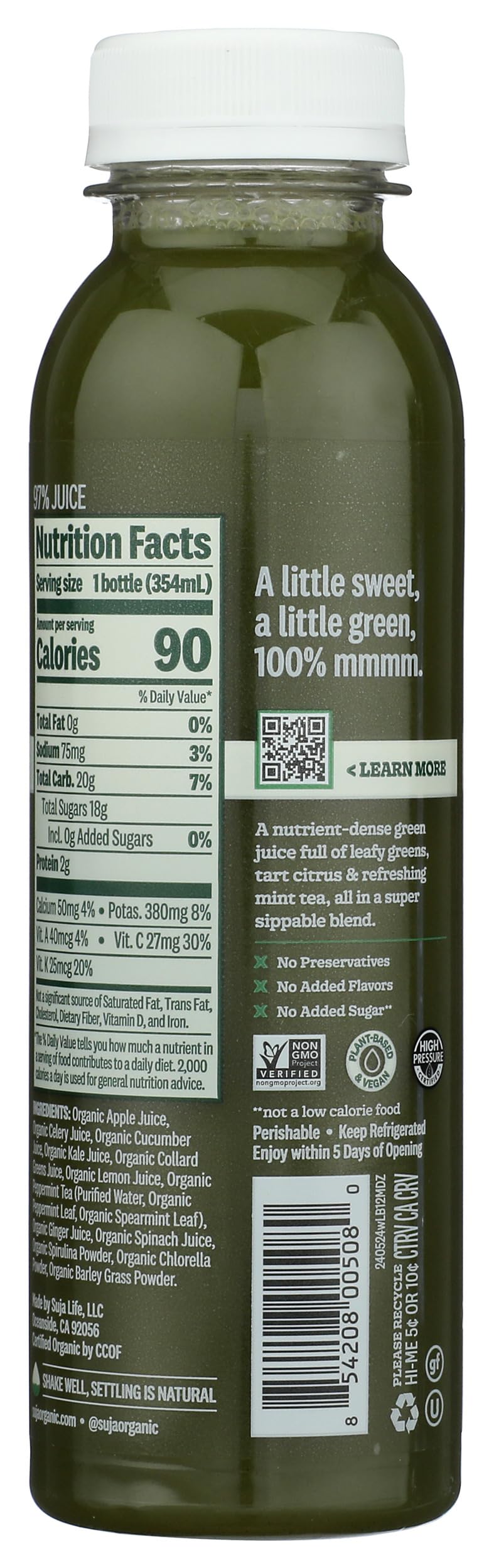 Suja Organic Mighty Dozen, Celery, Cucumber, Kale, Collard Greens, Apple, 12 Fl Oz Bottle