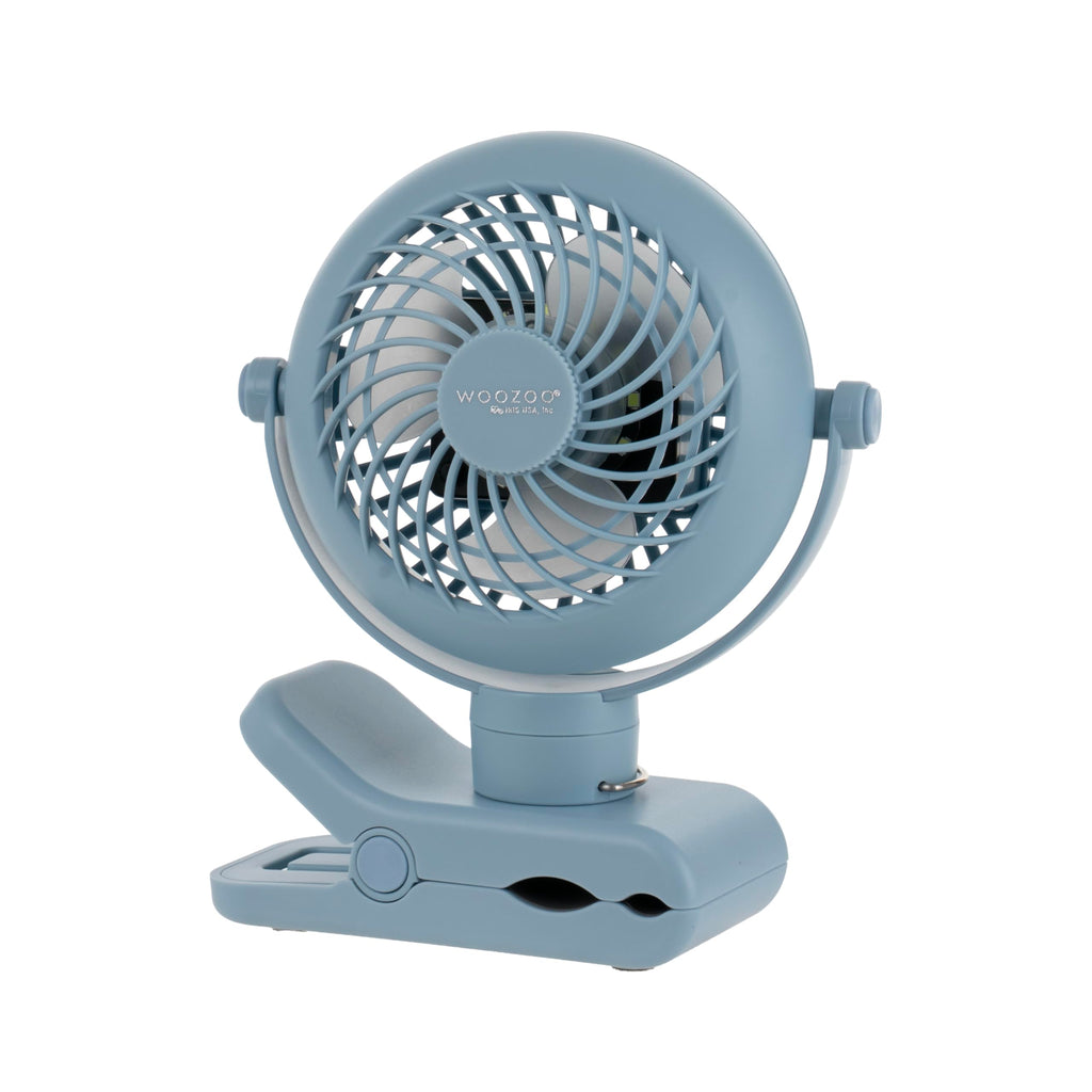 IRIS USA WOOZOO 3.5" Cordless Portable Clip On Fan, USB-C Rechargeable Fan, LED Light, Mosquito Repellent Tray, 360° Tilt, 3 Speeds,Bedside Kitchen Camping Golfing Outdoor Use, Blue