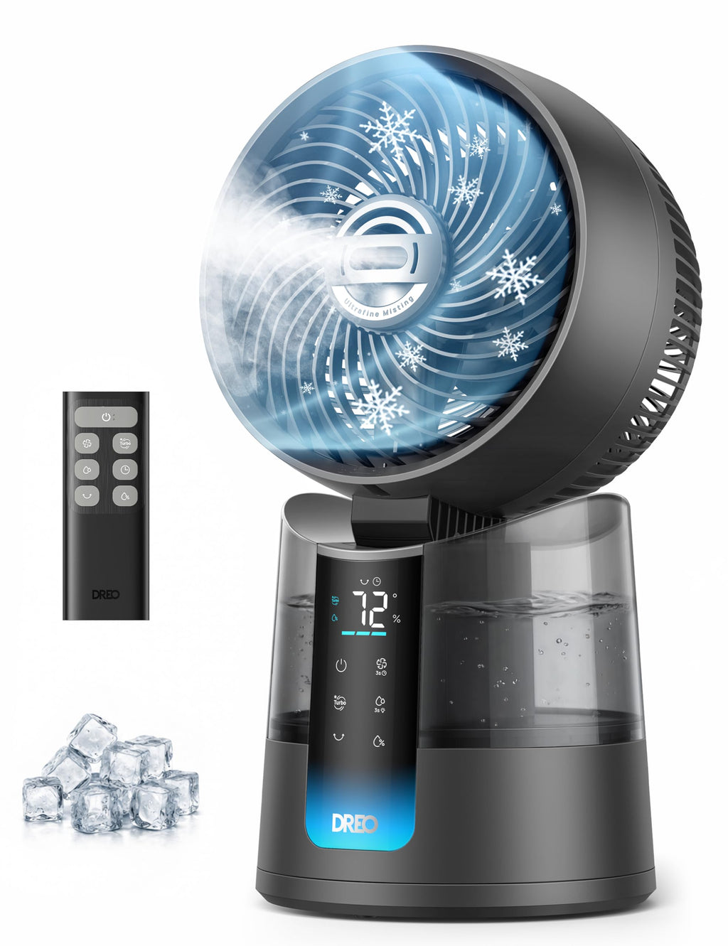 DREO TurboCool Misting Fan 516, 5℉ Drop Cooling Fans that Blow Cold Air, 150°+30° Omni-directional Oscillating, Evaporative air cooler, 26 ft/s Wind, Ultrafine Mist, 20dB Quiet, 6 Speeds 2 Modes, Grey
