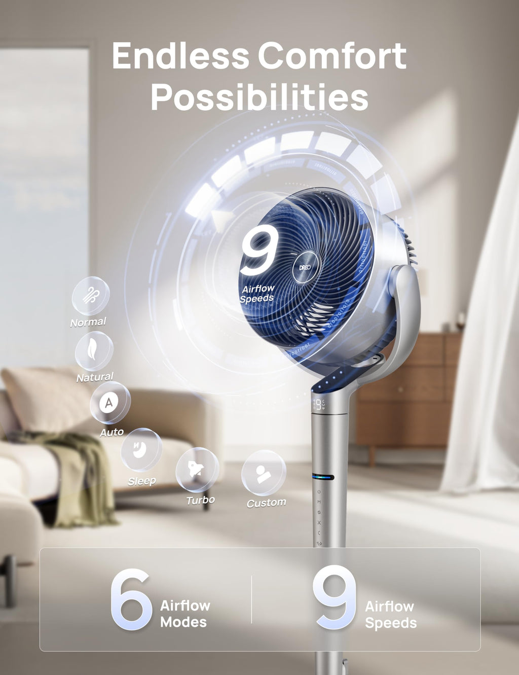 DREO Smart Fan for Bedroom, Position-based Oscillation, 150°+120° 3D Oscillating Fan, 110ft Pedestal Fans with Wi-Fi/Voice/Remote, Standing Fans Work with Alexa/Google, 9 Speeds, 6 Modes, 20dB, Silver