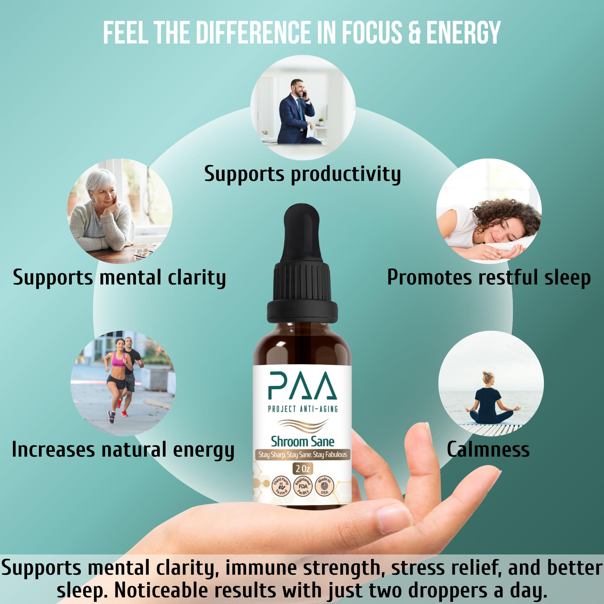 Project Anti-Aging Shroom Sane Liquid Drops with Lion’s Mane Mushroom Supplement Drops – 8 Mushroom Complex Tincture with Reishi, Cordyceps, Turkey Tail & Magnesium – USDA Organic, Vegan,